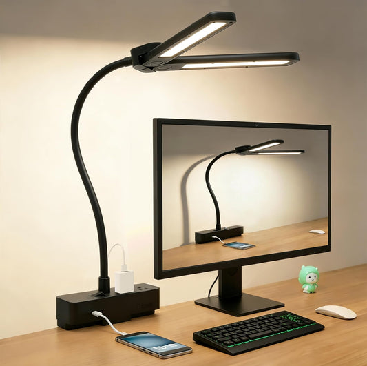 LED Desk Lamp for Home Office, Eye-Caring Clip-On Desk Light with Flexible Gooseneck, 2AC&1USB-C Charging Port, 3 Brightness & 3 Color Modes, Eye-Caring Table Lamp for Study, Reading and Dorm (Black)