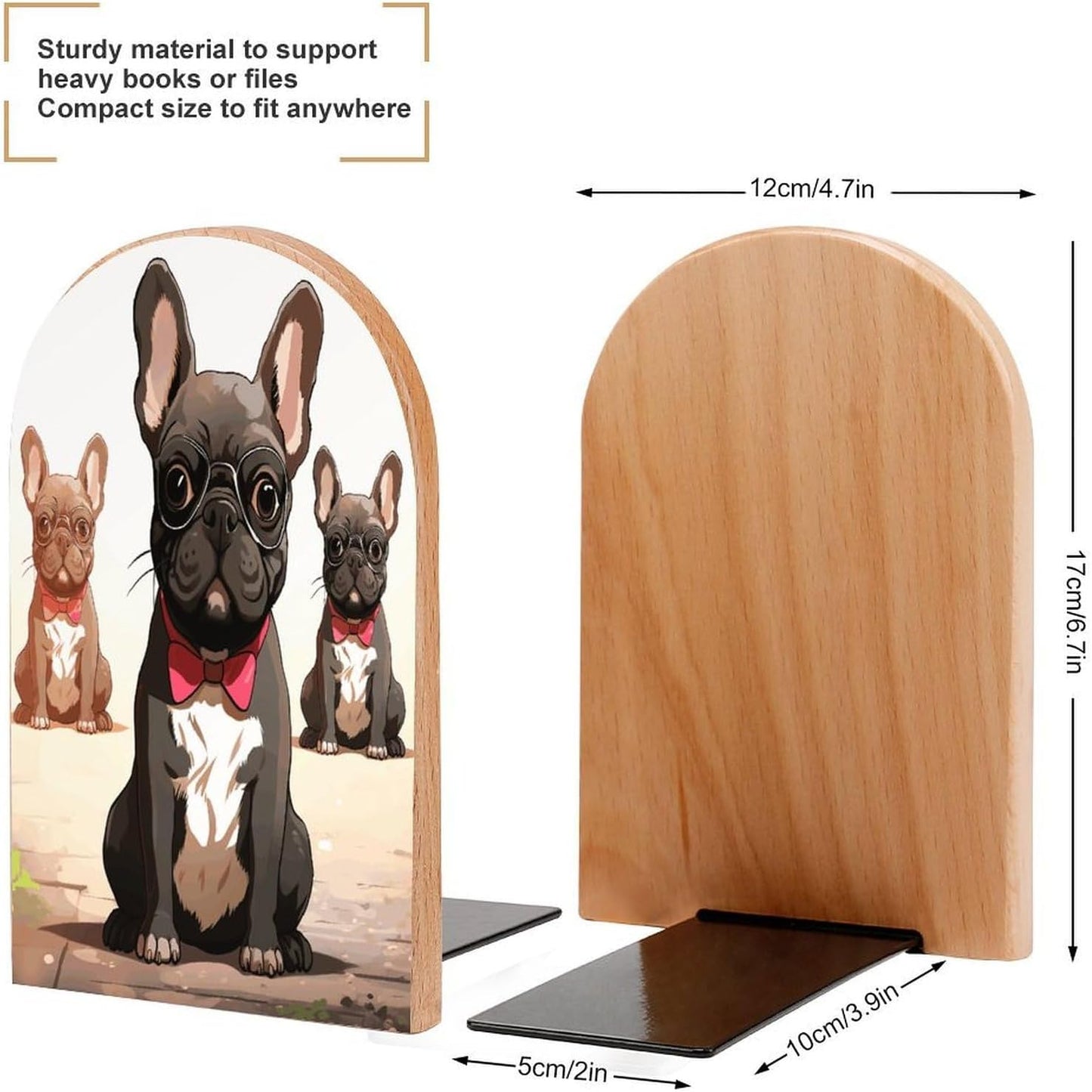 Cartoon Dog French Bulldog Bookend for Shelves Wooden Book End Large Size Sturdy Book Holders Stoppers with Metal Base for Bookshelves Slick Decorative Bookends Stands