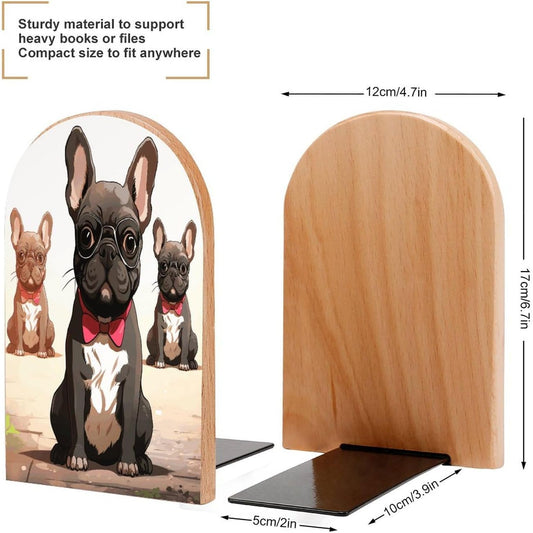 Cartoon Dog French Bulldog Bookend for Shelves Wooden Book End Large Size Sturdy Book Holders Stoppers with Metal Base for Bookshelves Slick Decorative Bookends Stands