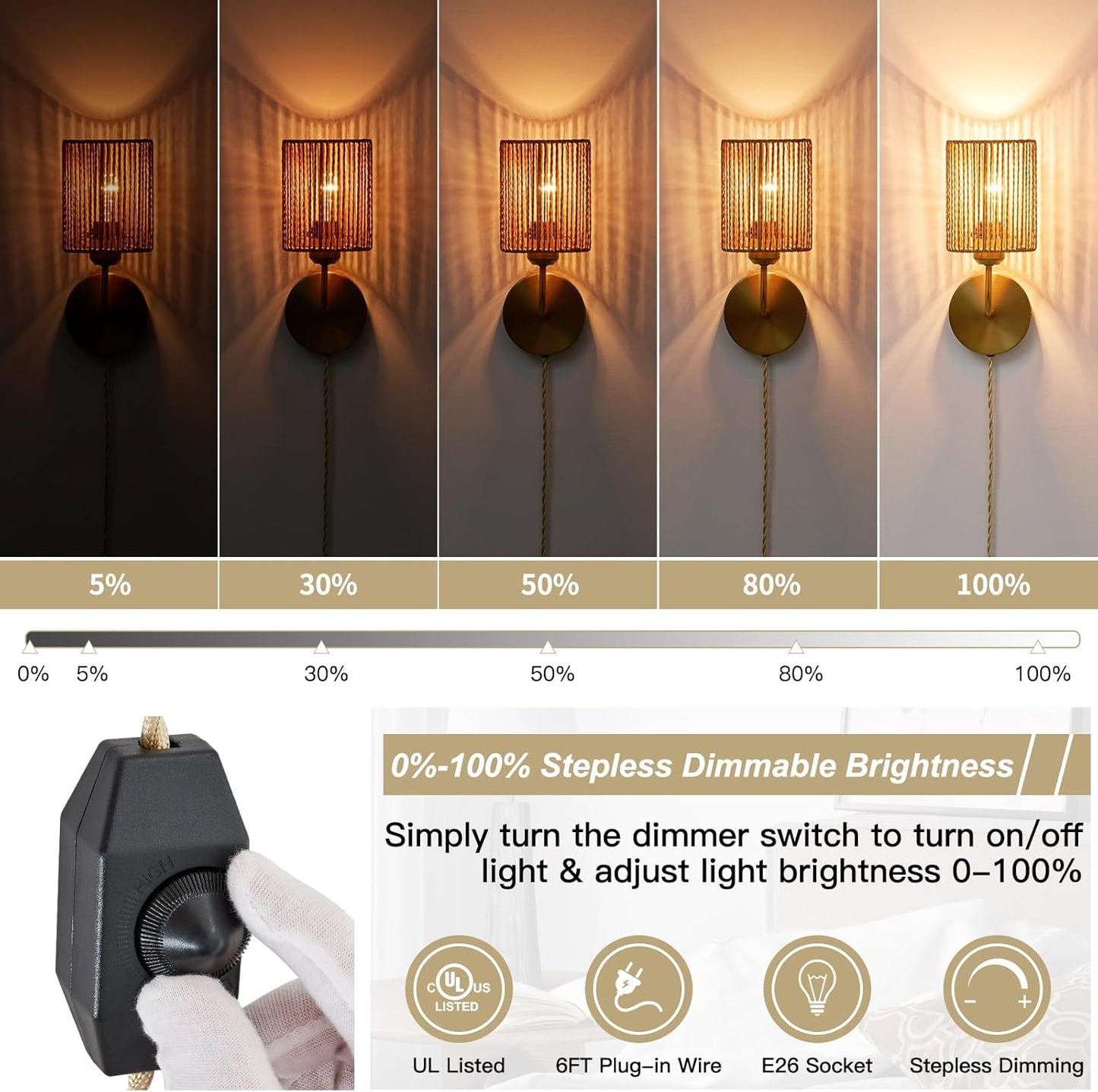 Wall Sconce Light Plug In Set of 2, Stepless Brightness Hand Woven Rattan Wall Light with Dimmable ON/OFF Cord Switch, Gold Brass Metal Wall Mounted Light, Boho Lamp for Bedside Bedroom Living Room