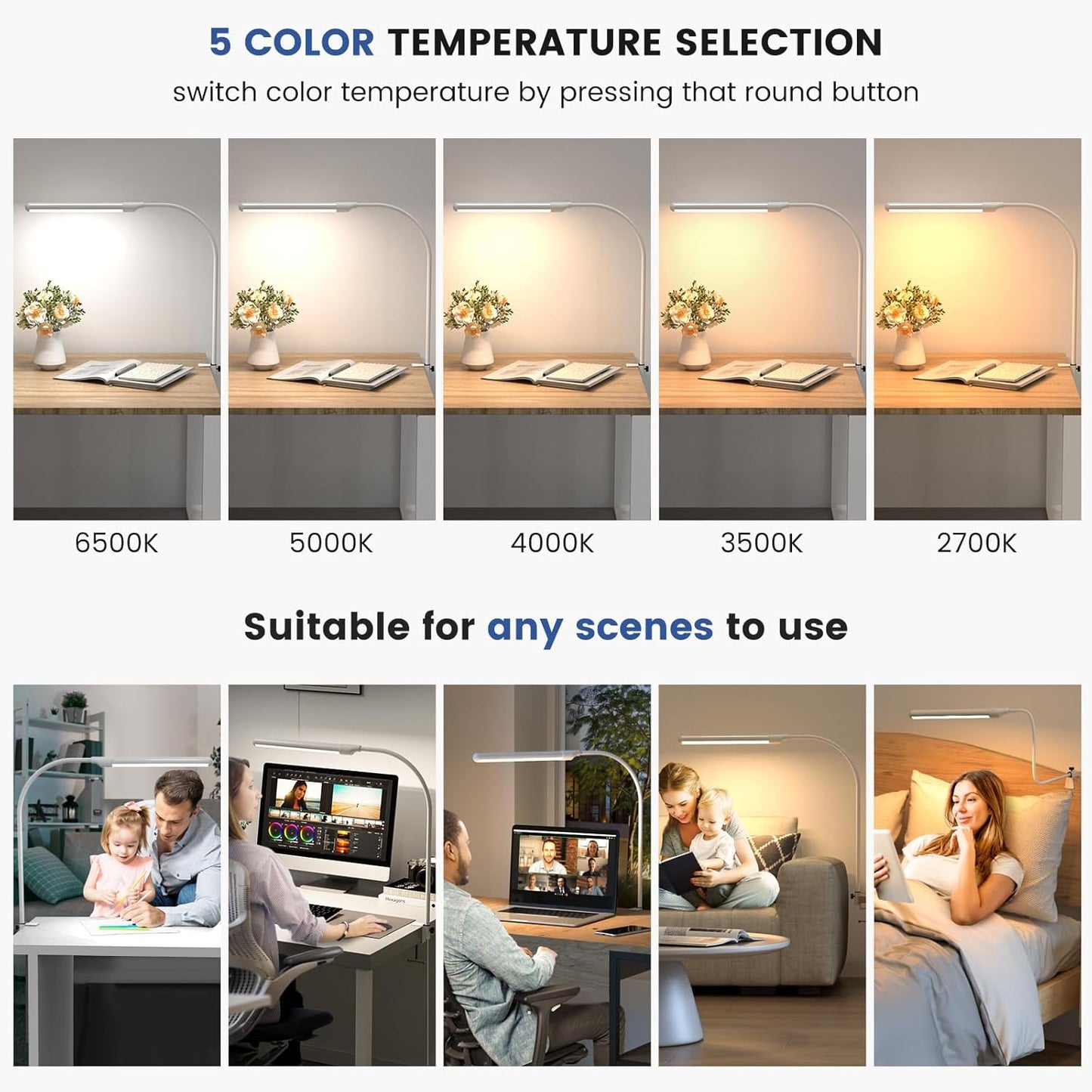 MY BEAUTY LIGHT Smart LED Desk Lamp with Clamp, Handwave Sensor Desk Light, 2700-6500K 5 Color Temperature Bright Dimmable Eye-Caring Clip on Light, Gooseneck 360° Rotatable Desk Lamps for Home Office