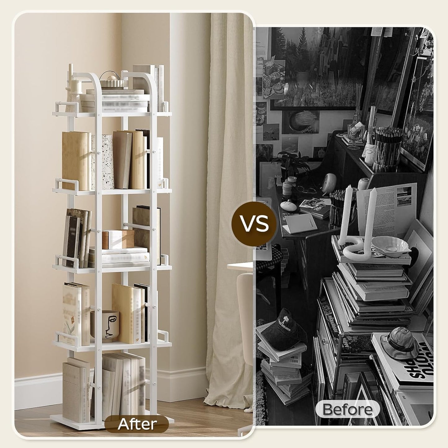 5 Tier Rotating Bookshelf, Freestanding Corner Bookshelf, 360 Spinning Bookcase Tower, Tall Industrial Style Organizer, Storage Shelf Bookcase for Living Room, Study, White SJ02WW