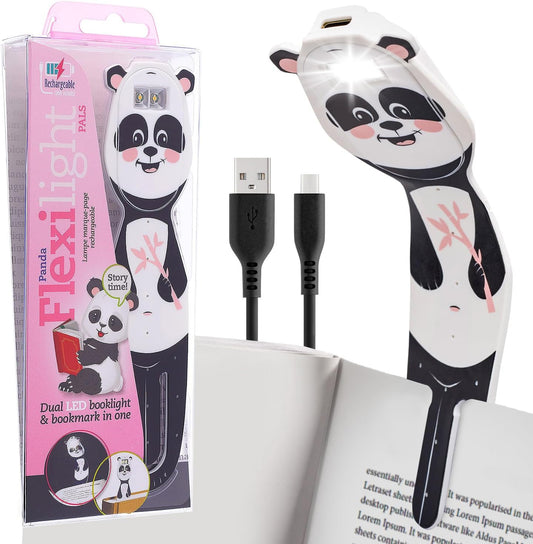 Gifts for Readers & Writers Rechargeable Book Light for Kids, Clip On Reading Light for Bed, 2in1 Flexilight Pals & Bookmark, 12 Hours of Light Once Charged, Includes USB Cable & 2 LED Lights, Panda