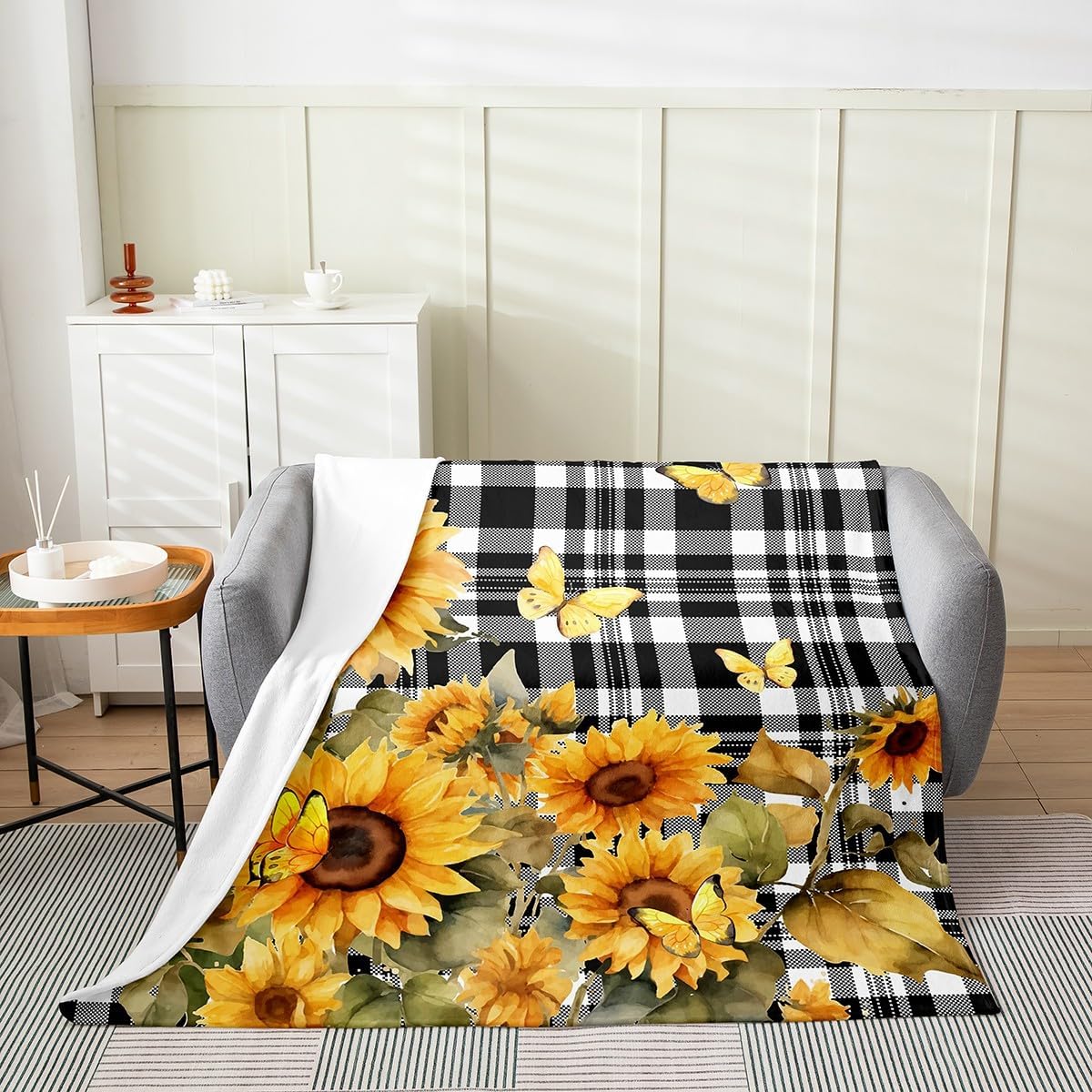 Feelyou Sunflower Flannel Fleece Throw Blanket 40"x50" Happy Fall Y'all Fuzzy Blanket Black and White Grid All Season Bed Blanket for Couch Sofa Butterfly Plush Blanket