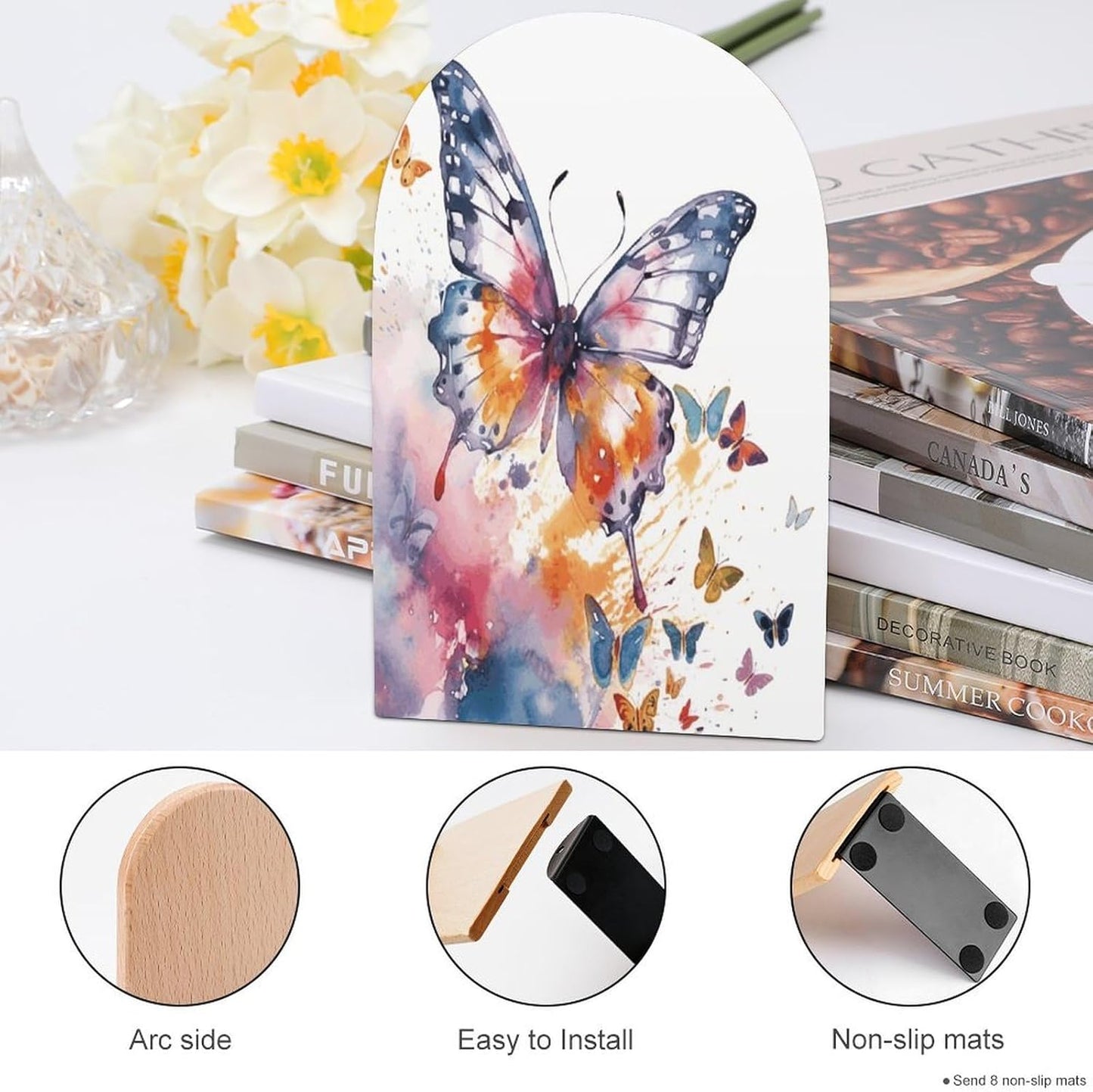 Watercolor Butterfly Bookend for Shelves Wooden Book End Large Size Sturdy Book Holders Stoppers with Metal Base for Bookshelves Slick Decorative Bookends Stands