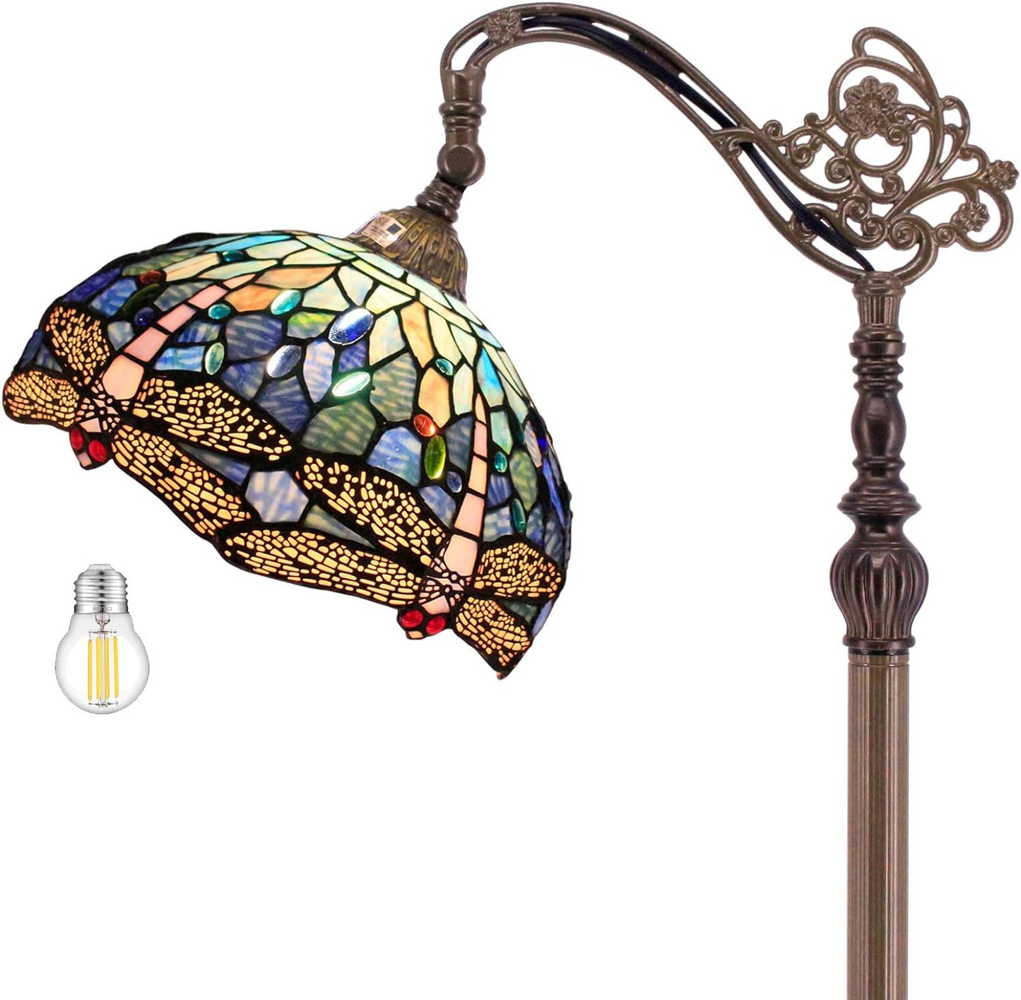 WERFACTORY Tiffany Floor Lamp Blue Stained Glass Dragonfly Arched Lamp 12X18X64 Inches Gooseneck Adjustable Corner Standing Reading Light Decor Bedroom Living Room S631 Series