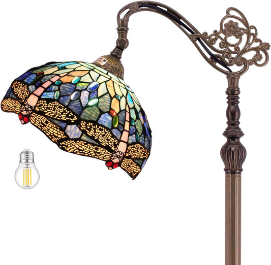 WERFACTORY Tiffany Floor Lamp Blue Stained Glass Dragonfly Arched Lamp 12X18X64 Inches Gooseneck Adjustable Corner Standing Reading Light Decor Bedroom Living Room S631 Series