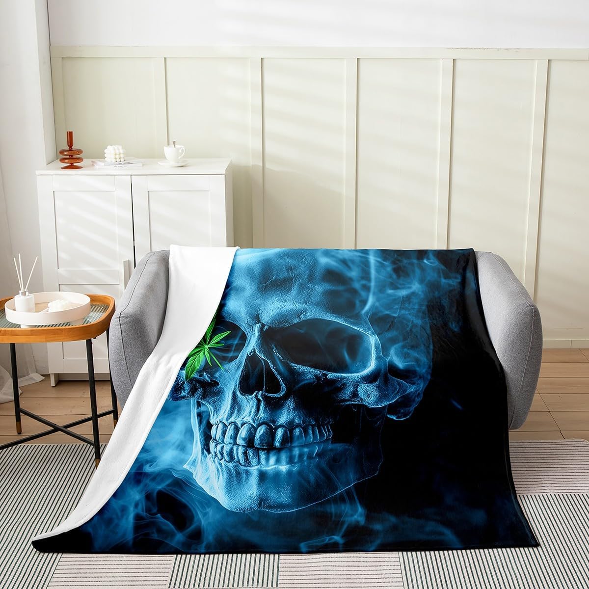 Sugar Skull Flannel Fleece Throw Blanket,Marijuana Weed Leaf All Season Bed Blanket Fuzzy Blanket For Bed Sofa Couch,Cannabis Leaves Botanical Plants Print Bedroom Decor Plush Blanket Twin 60"x80"