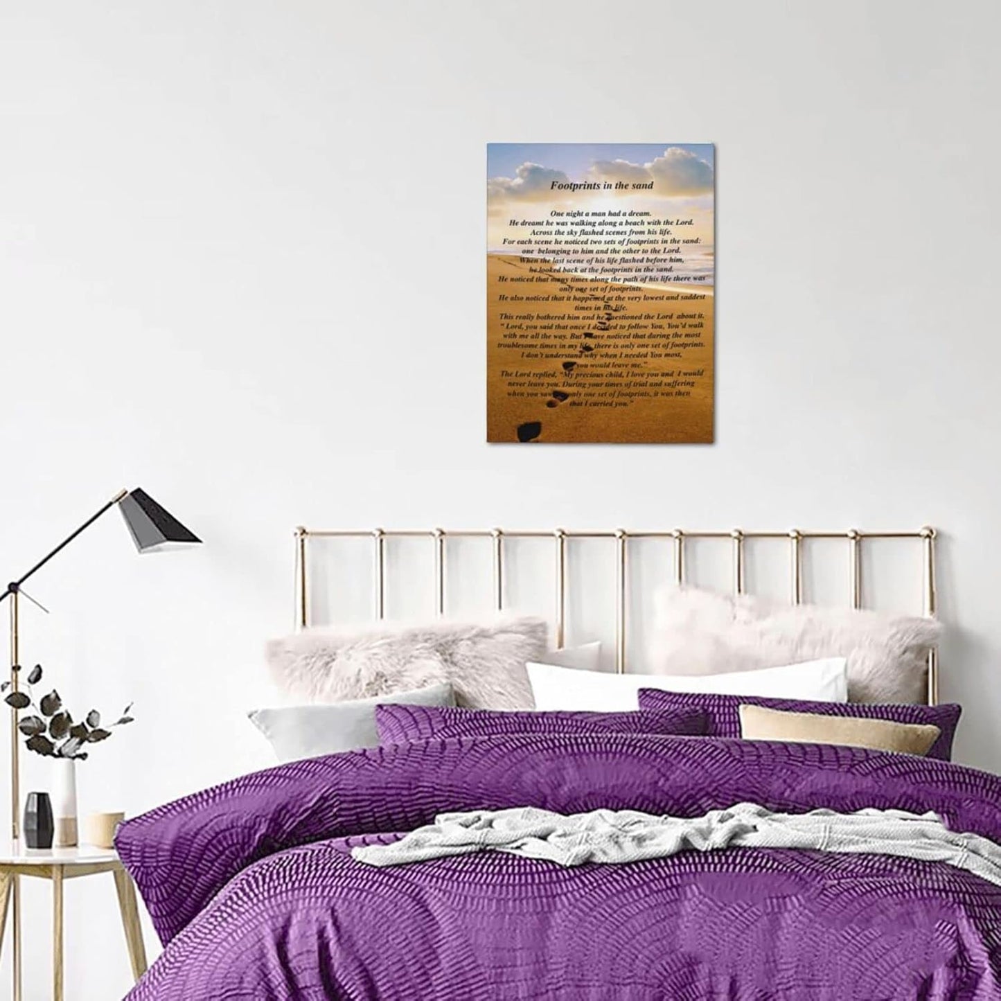 Footprints In The Sand Painting Poem Poster Classic Framed Canvas Wall Art For Home Bedroom Office Living Room Decor 12x16 Inches.