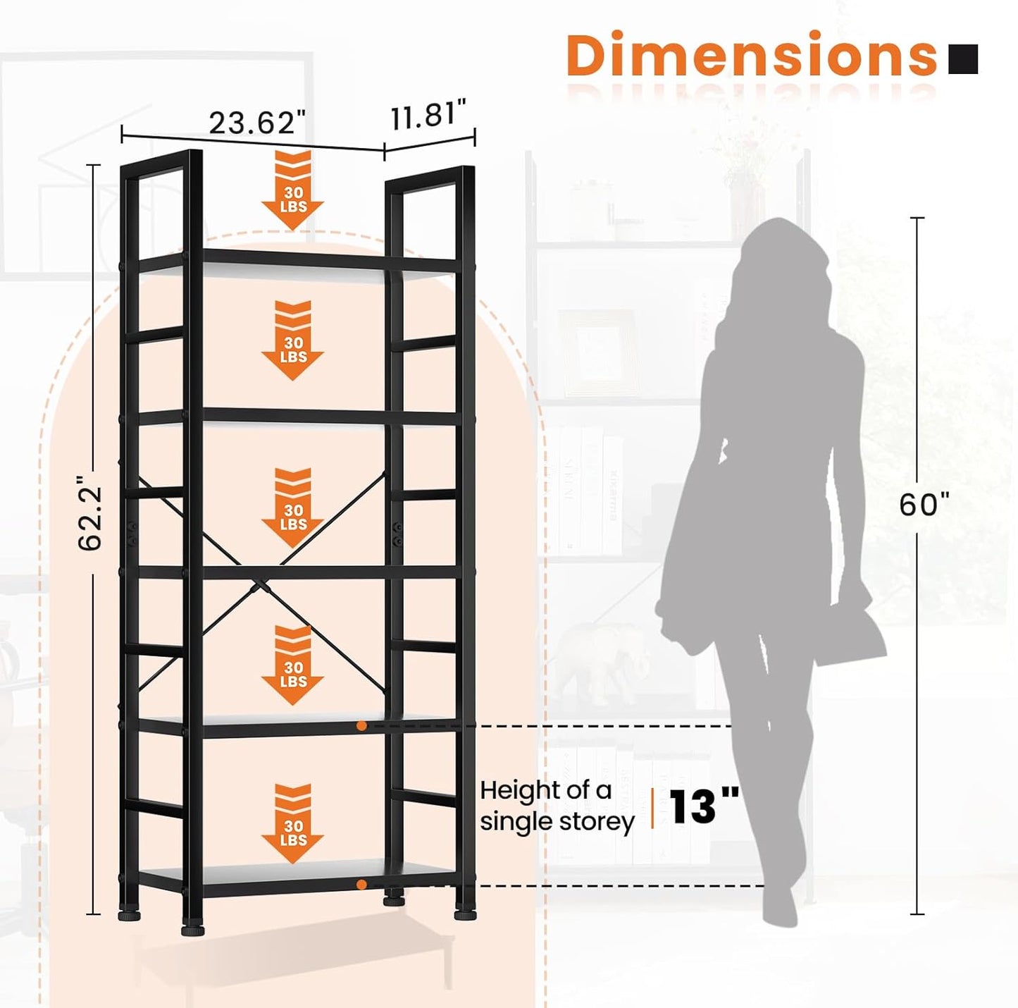 Sweetcrispy Book Shelf, 5 Tier Bookcase, Modern Tall Bookshelf for Garage Kit, CDs, Movies, Industrial Corner Storage Organizer for Bedroom Home Office Kitchen Living Room, Black