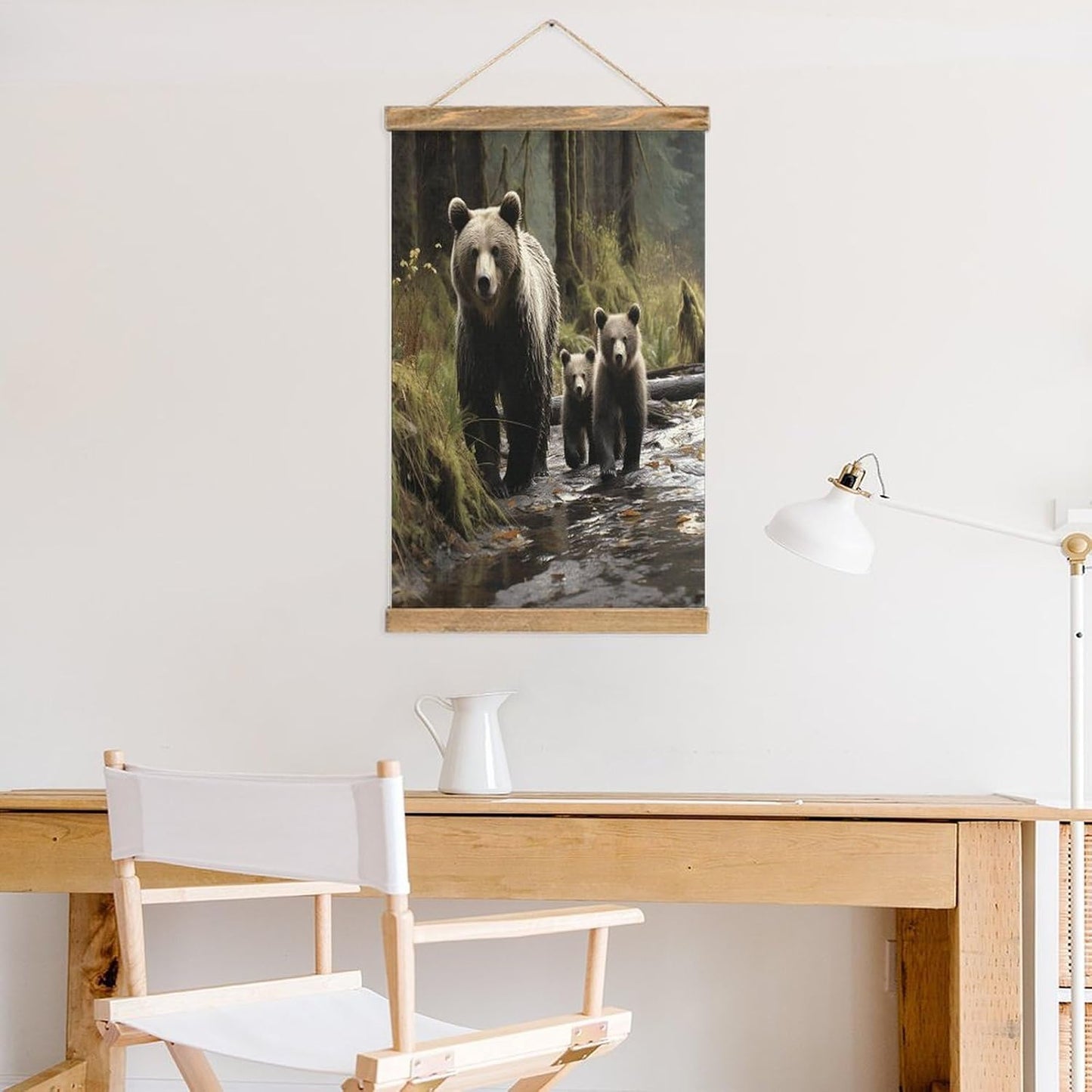 Vintage Mother Bear And Her Cubs Poster with Wooden Frame Personalized Linen Hanging Scroll Painting Rustic Wall Hanging Illustrative Modern Artwork Decor for Home Living Room Bedroom Office