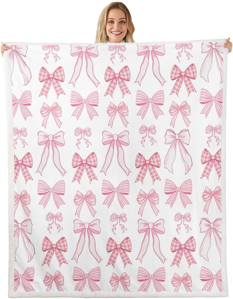 Manfei Bowknot Kids Throw Blanket Kawaii Pink Bow Tie Fuzzy Blanket for Girls Princess Room Decor, Cute Bow Print Blanket for Bed Couch Sofa, Soft and Breathable Fleece Blanket(50 x 60 Inches)