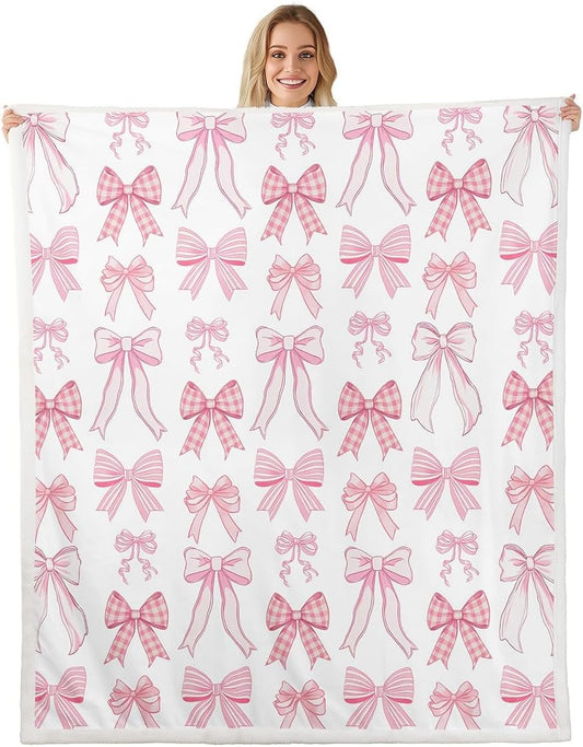 Manfei Bowknot Kids Throw Blanket Kawaii Pink Bow Tie Fuzzy Blanket for Girls Princess Room Decor, Cute Bow Print Blanket for Bed Couch Sofa, Soft and Breathable Fleece Blanket(50 x 60 Inches)