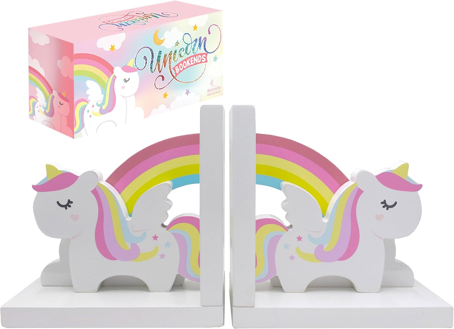Decorably Unicorn Kids Book Ends for Kids Books - 1 Set Non-Skid Wooden Decorative for Girls Room, Baby's Nursery, Classroom Decor