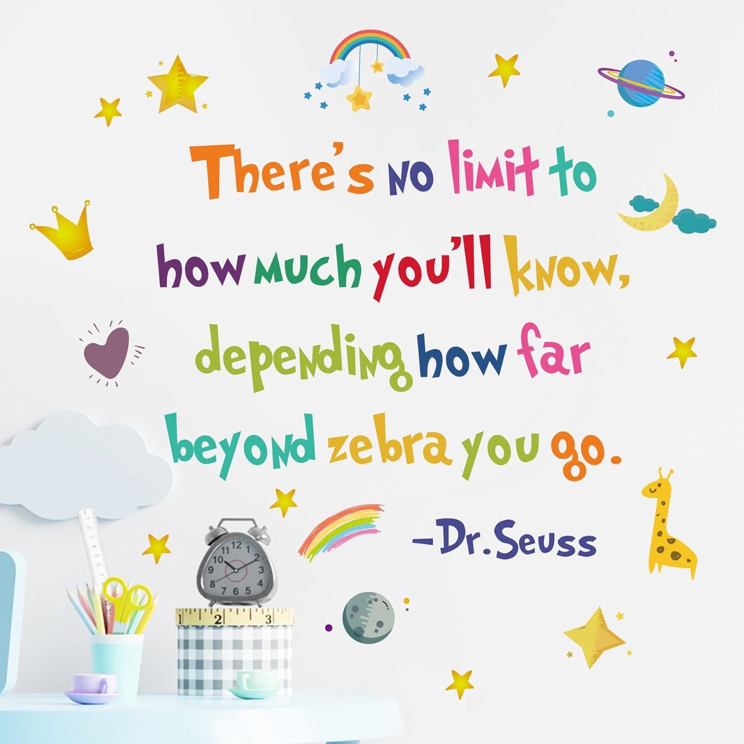 BooDecal 25.6 x 21.3 inches Colorful Dr Seuss No Limit Motivational Education Wall Lettering Stickers Murals Quotes and Sayings Home Art Décor for Door Entrance Living Room