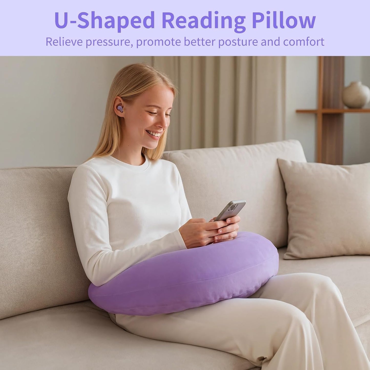 Violet U-Shaped Reading Pillow, 23.6 x 21.7 in Lap Support Pillow with Adjustable Strap, Crescent Design, PP Cotton Filling, Reading, Gaming, Arm, Back Support