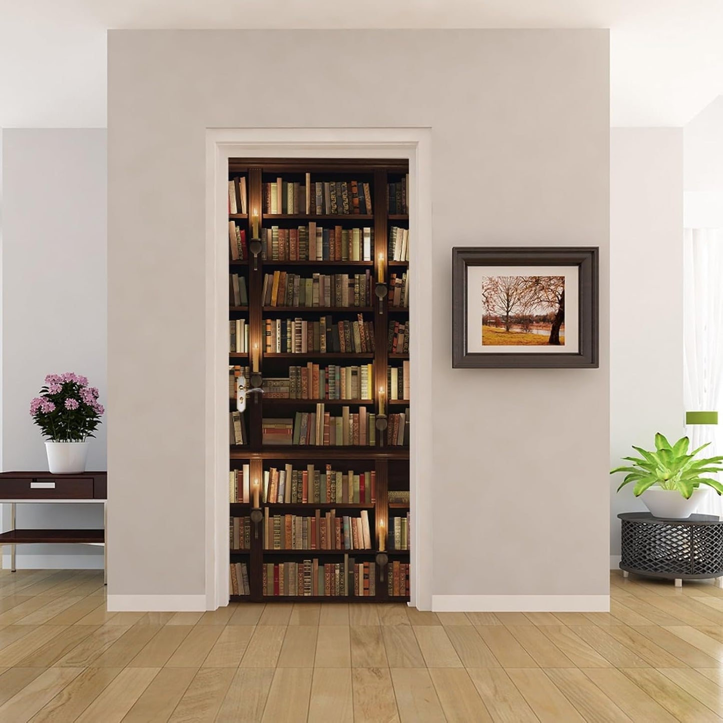 3D Door Stickers for Interior Doors Bookshelf Full of Old Books in Mysterious Library Vinyl Waterproof Self Adhesive Door Mural Decals for Bedroom Office Bathroom 77 x 200cm
