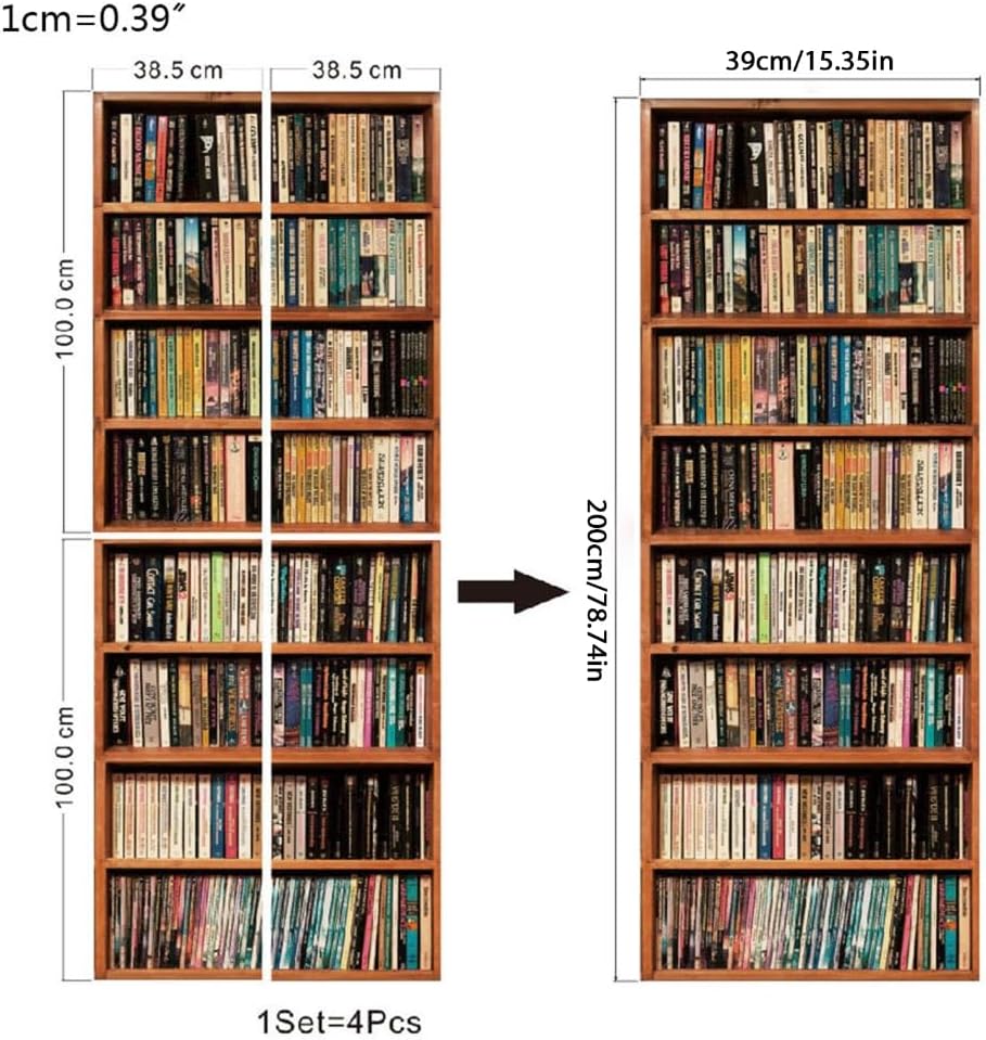 Creative 3D Door Sticker Bookshelf Bookcase Wallpaper Self Adhesive Wall Mural DIY Bedroom Decor