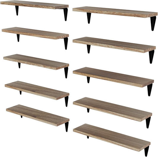 Wallniture Arras Wood Floating Shelves for Wall Storage, Small Bookshelf Set of 10, Hanging Book Shelves for Living Room, Bedroom, Office, Burned Finish
