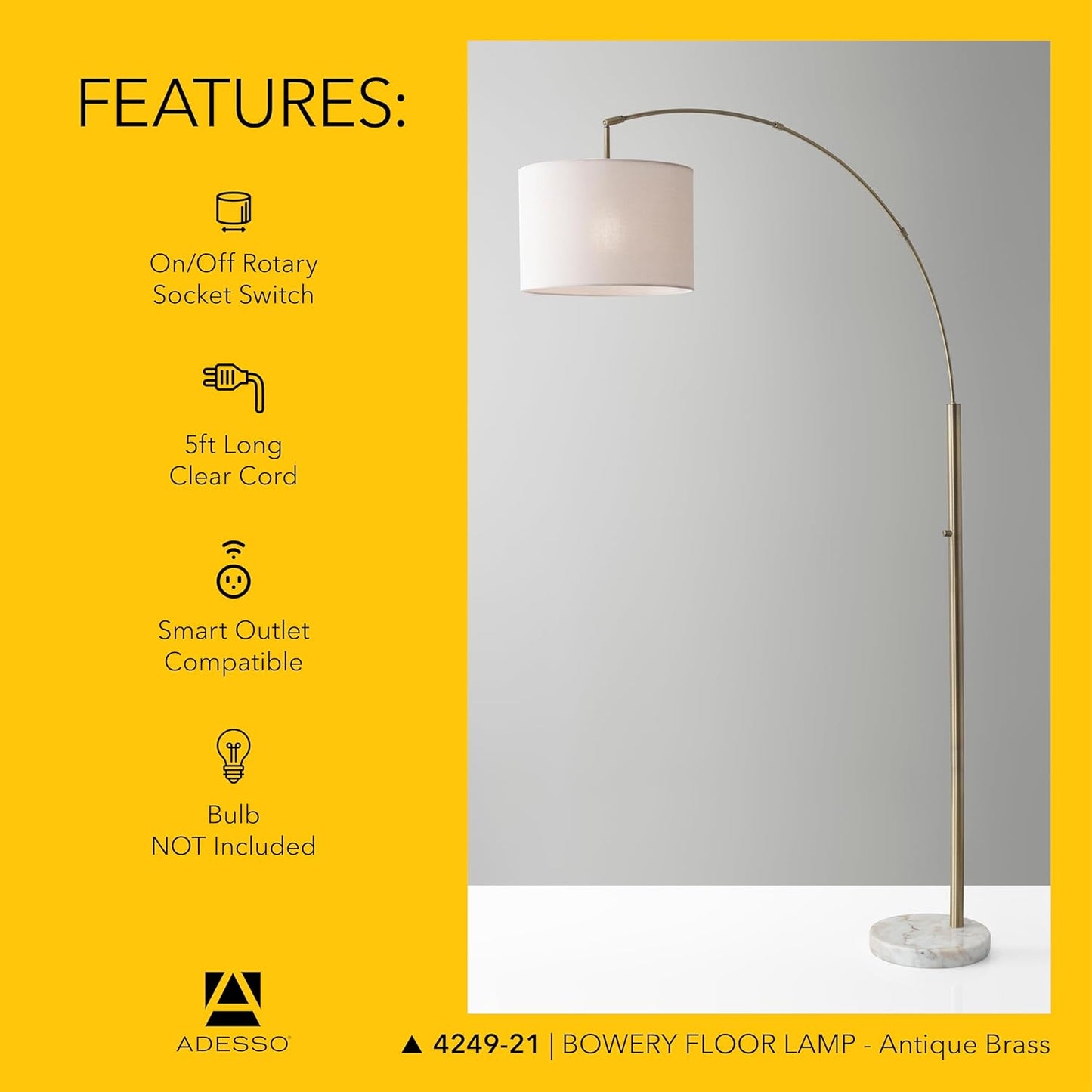 Adesso Arc Floor Lamp with Marble Base and Off-White Linen Lampshade – Adjustable Overhead Bedroom, Home Office Lighting, or Living Room Decor, 73.5” x 48”