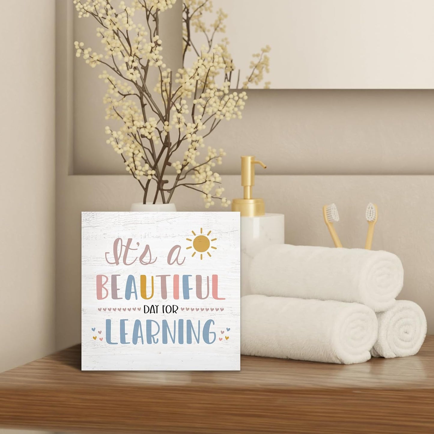 Boho Classroom Wood Box Sign Desk Decor 5x5, Inspirational Kids Learning Wooden Block Sign Decorations for Home Classroom Playroom Nursery Reading Nook Reading Room Wall Tabletop Shelf