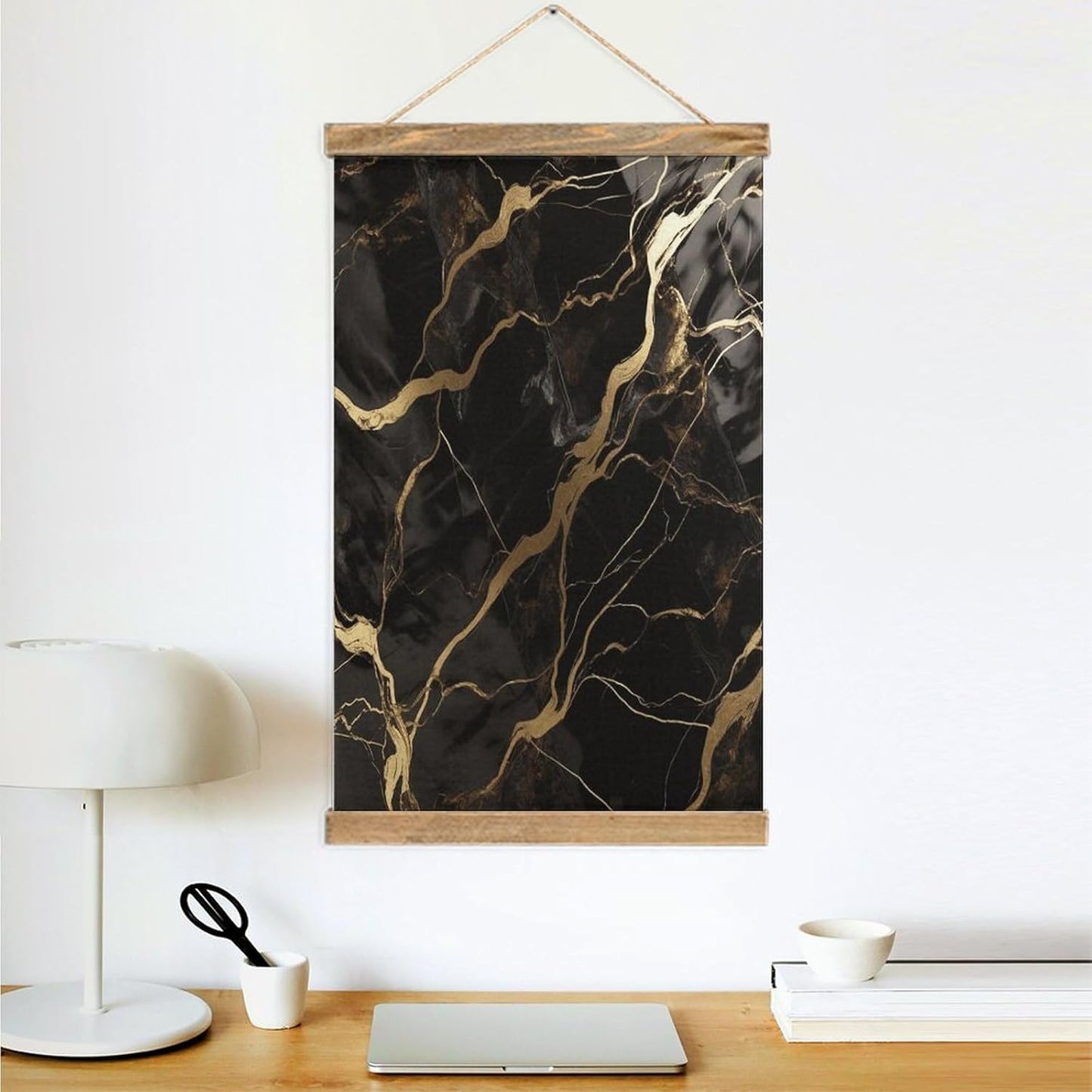 Vintage Black Gold Marble Poster with Wooden Frame Personalized Linen Hanging Scroll Painting Rustic Wall Hanging Illustrative Modern Artwork Decor for Home Living Room Bedroom Office