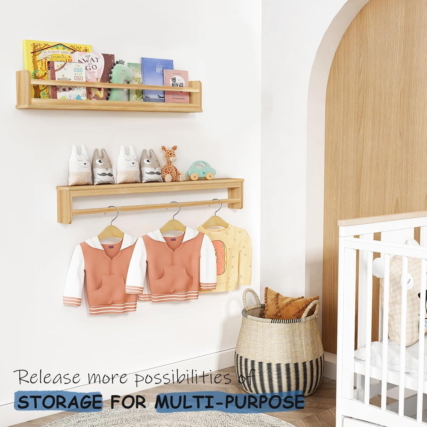 Wooden Wall Bookshelf for Kids Room, Large Nursery Floating Shelves for Kids Bedroom, Natural Wood Wall Mounted Bookshelves for Baby Toddler Classroom Library Books (36 Inch Long, 3-Pack)