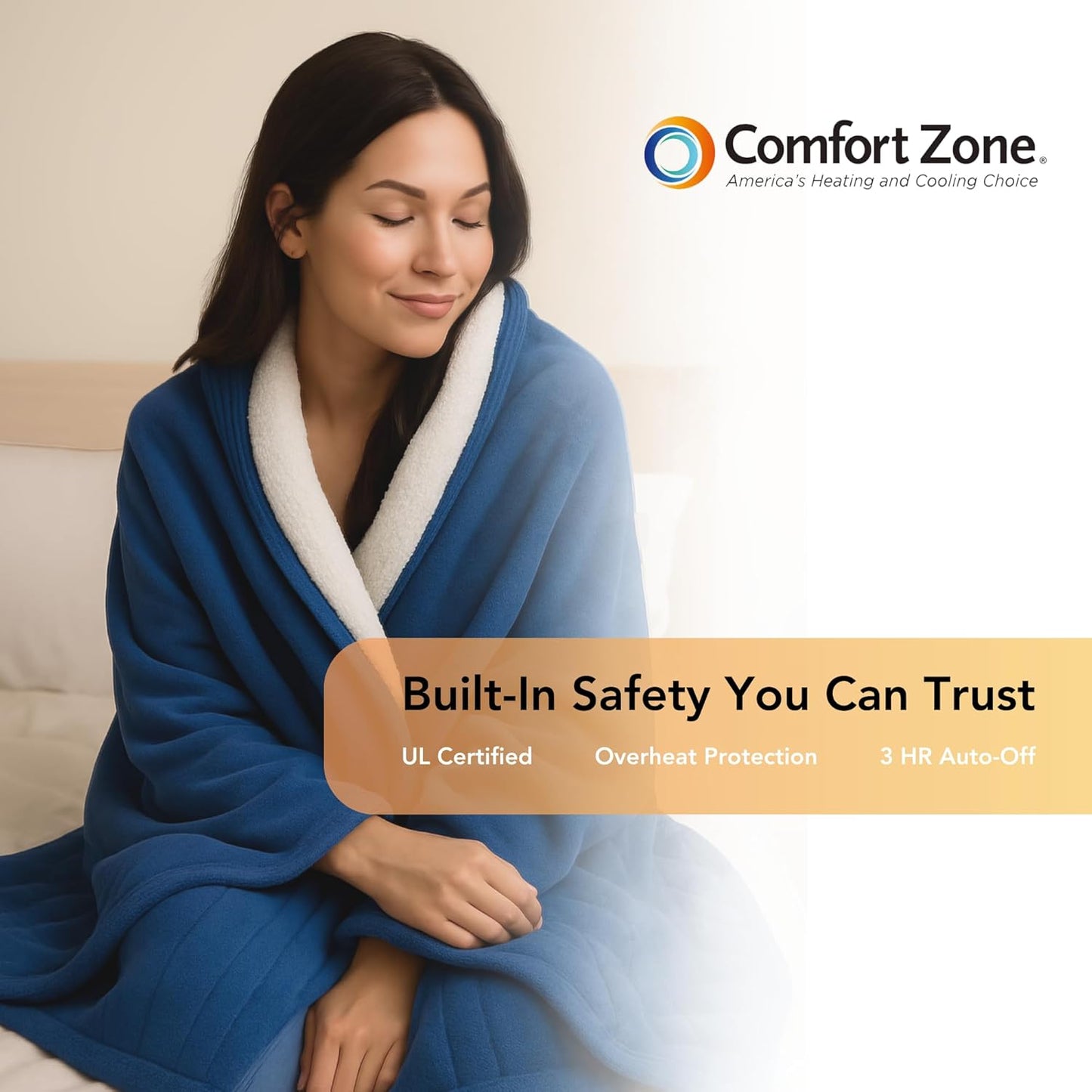 Comfort Zone Heated Blanket Electric Throw, Solid Pattern, Micro Plush Electric Blanket, Heating Blanket with 4 Heating Levels, 3H Timer, Auto Shutoff, Fast Heating (50x60 inches, Navy)