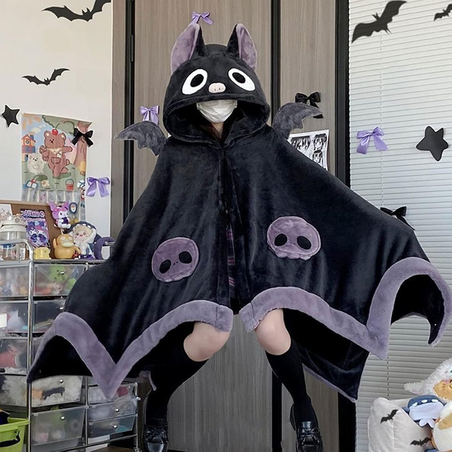 Cute Halloween Wearable Blanket Hoodie Free Size for Adults Devil Bat Hooded Blanket Oversized Soft Sherpa Hoodie Women Throw Cloak Wrap with Demon Wings for Men Child Student,A