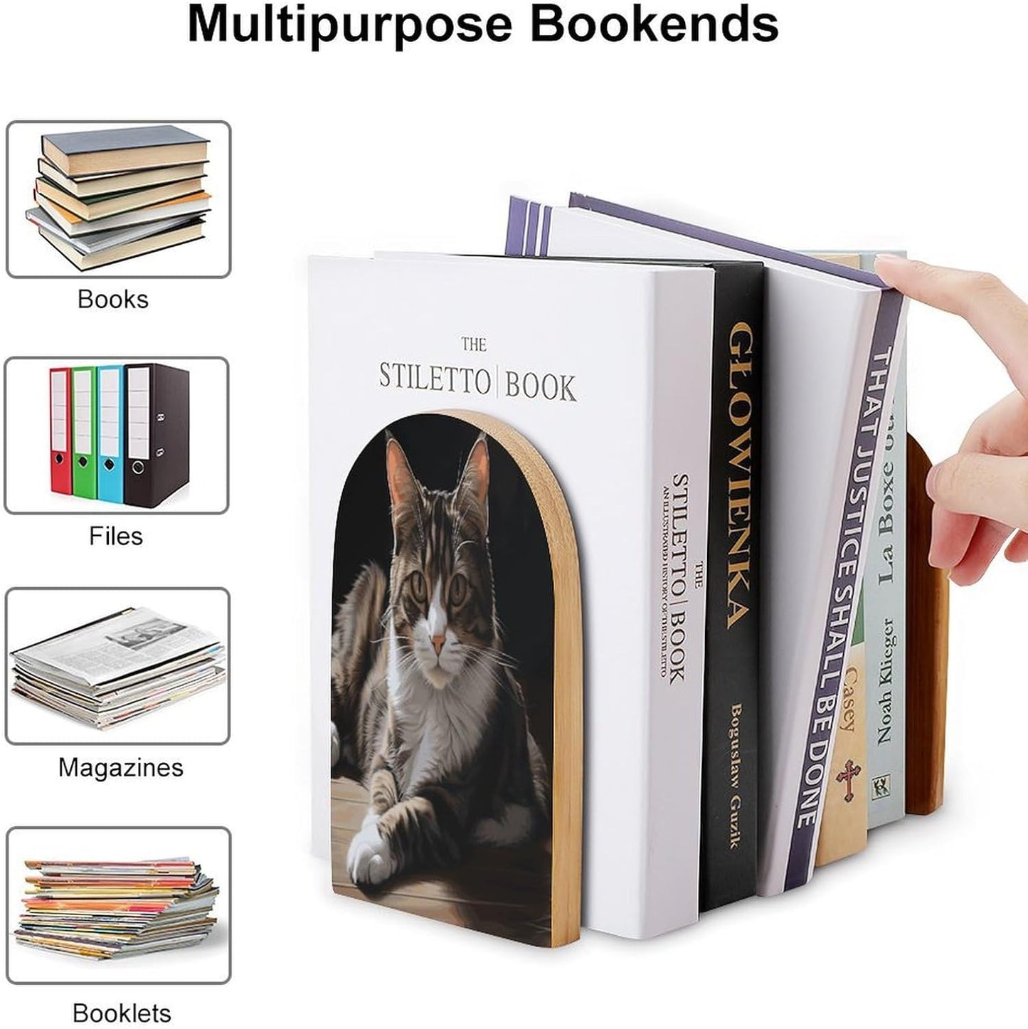 Tabby Cat Bookend for Shelves Wooden Book End Large Size Sturdy Book Holders Stoppers with Metal Base for Bookshelves Slick Decorative Bookends Stands