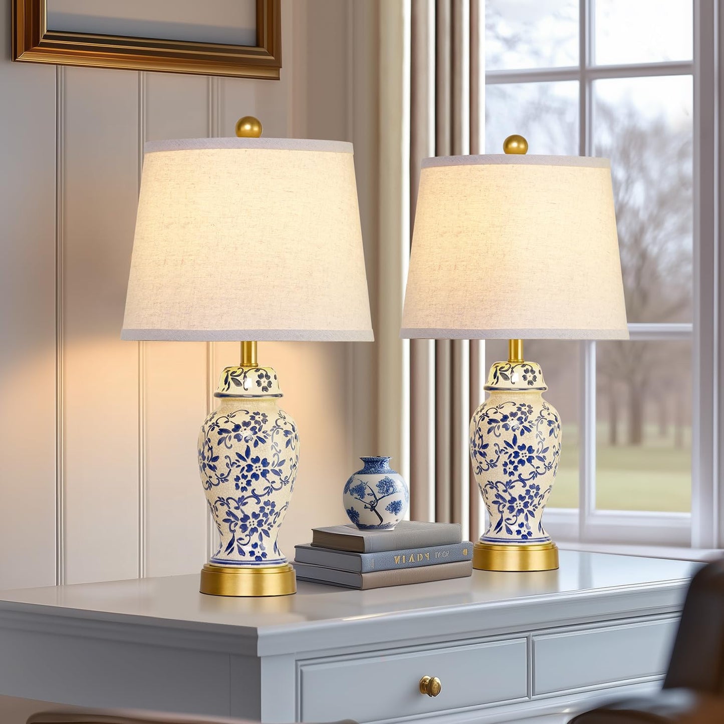 RORIANO Chinoiserie Ceramic Table Lamps Set of 2 for Living Room Bedroom Bedside, Traditional Blue Porcelain Classic Table Lamp for Nightstand Entryway, 2 LED Bulbs Included (Gold)