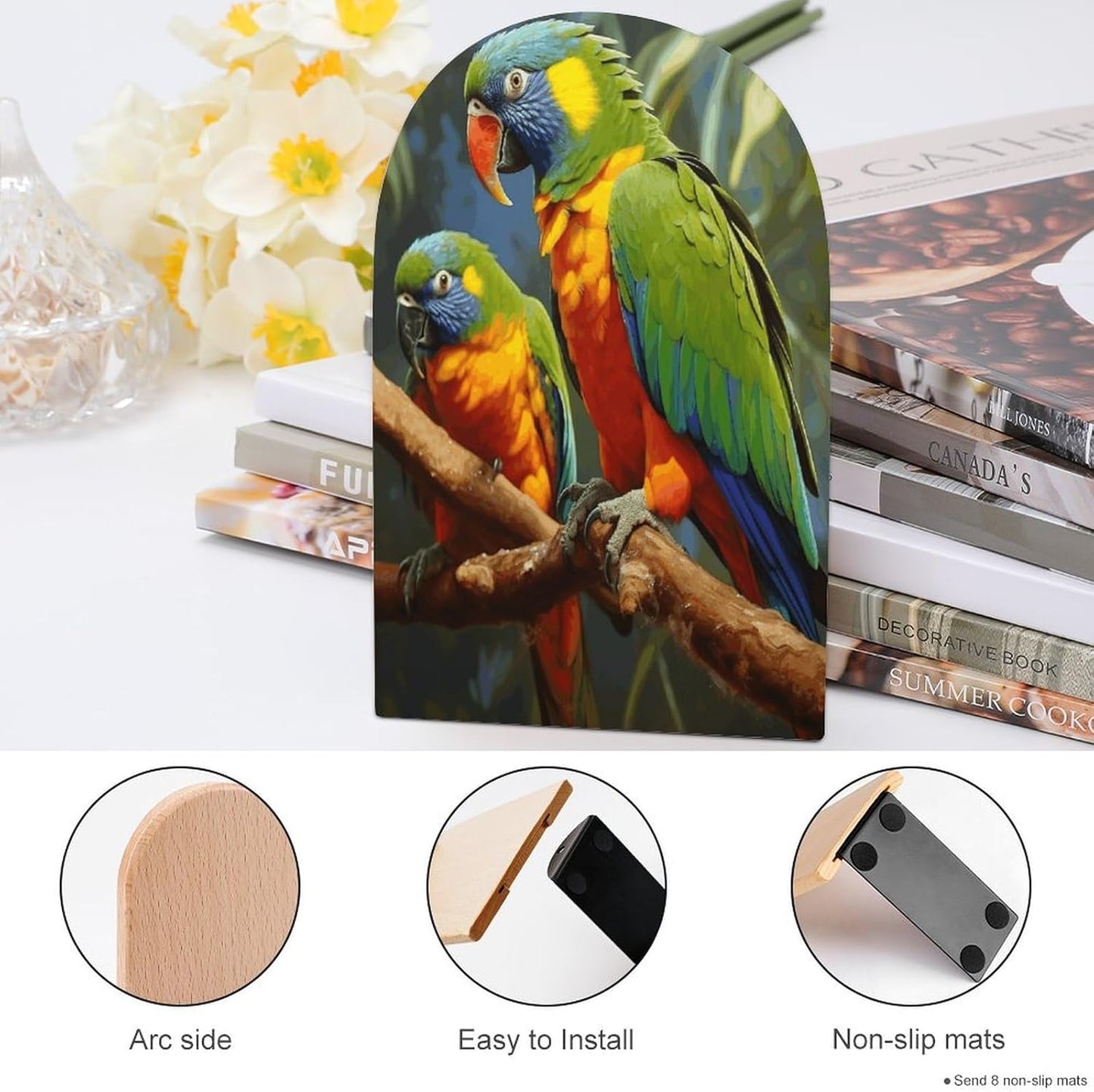 Bird Parrot Painting Bookend for Shelves Wooden Book End Large Size Sturdy Book Holders Stoppers with Metal Base for Bookshelves Slick Decorative Bookends Stands
