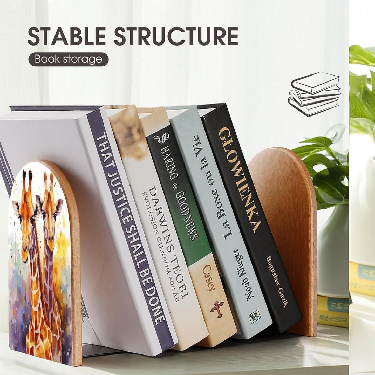 Watercolor Giraffes Bookend for Shelves Wooden Book End Large Size Sturdy Book Holders Stoppers with Metal Base for Bookshelves Slick Decorative Bookends Stands