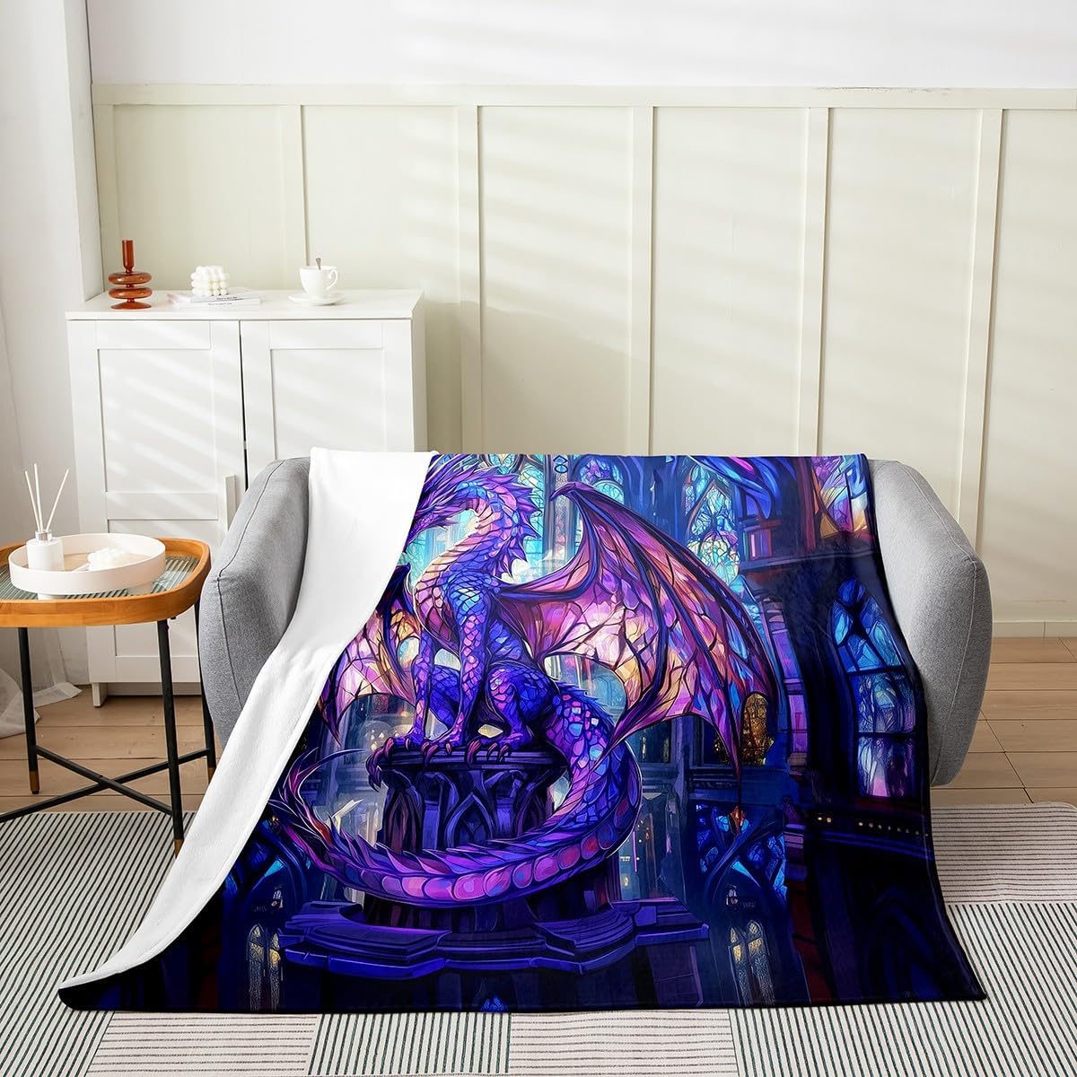 Western Dragon Kids Flannel Blanket,Flying Wing Purple Dragon Bed Blanket for Boys Girls,Castle Tale Trippy Animal Geometric Fleece Blanket,Blue Christmas Fuzzy Blanket,Queen Size (90 x 90 Inches)