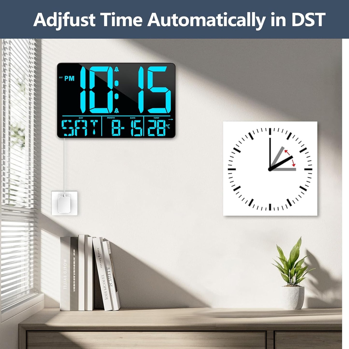 13" Digital Wall Clock Large Display with Remote, 25 Ringtones, Temperature, Calendar, 0-100% Auto or Custom Brightness, 12/24H, DST, Timer, for Living Room, Kitchen, Bedroom, Elderly（Blue）