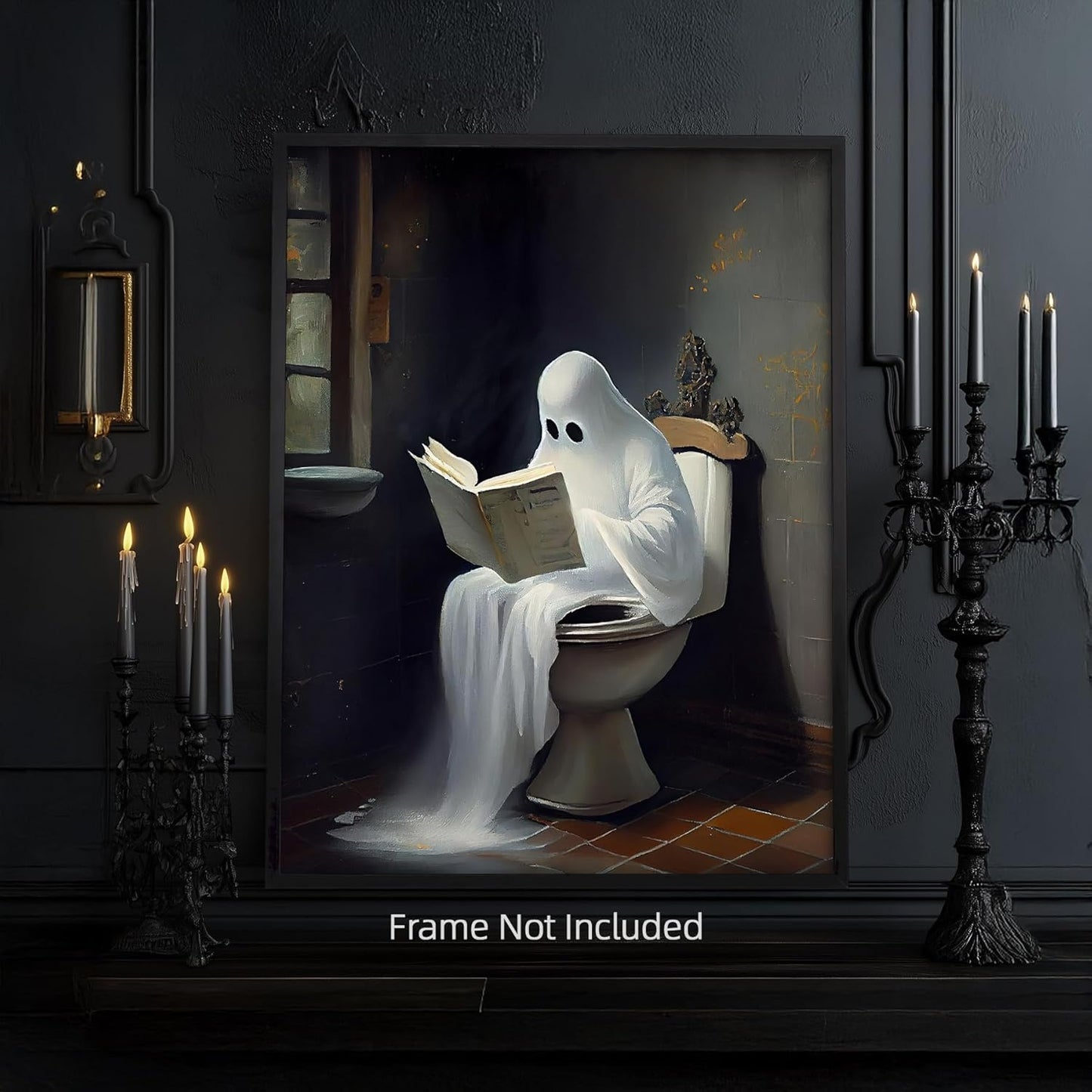 Vintage Cute Ghost on Toliet Reading Book Canvas Wall Art Gothic Victorian Aesthetic Posters Dark Academia Room Decor Fun Halloween Painting Horror Ghost Print in Bathroom 12x16in Unframed