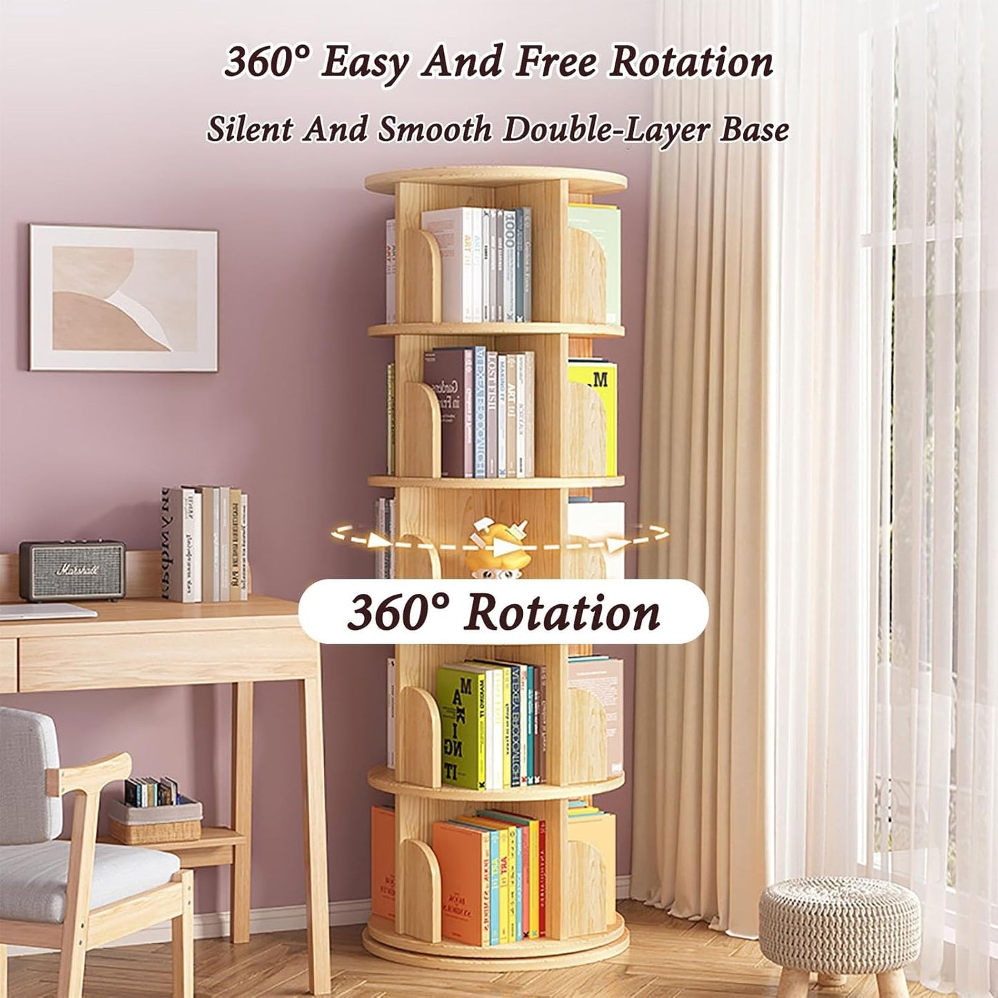 ELZEM 5-Tier Rotating Book Shelf Spinning Bookshelf Tower with Baffle 360° Display Round Rolling Bookshelf Stackable Floor Standing Bookcase Storage Rack for Living Room Study Room Home Office