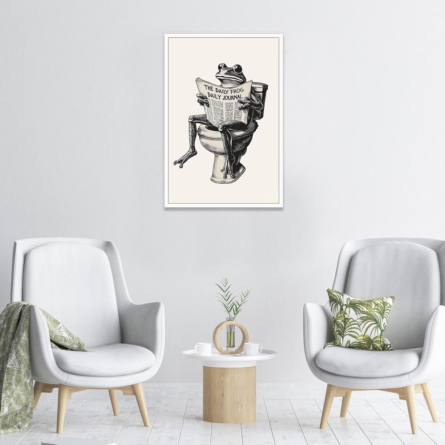 FBKDVC Bathroom Frog Poster Funny On Toilet Canvas Wall Art Black And White Funky Reading Newspaper Print Quirk Animal Picture For Restroom Guestroom 16x24in Unframed