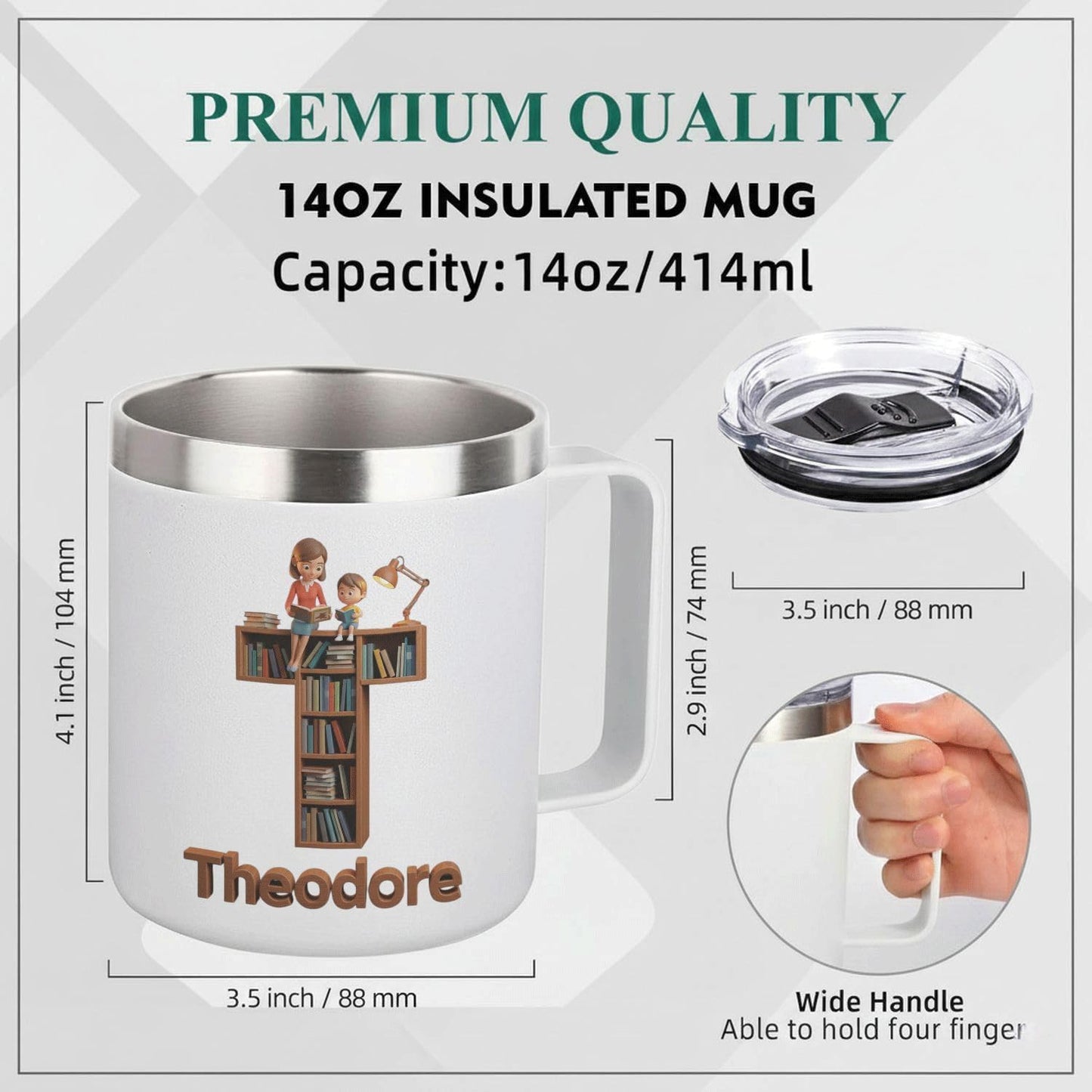 Personalized Christian Reading Mug with Custom Name - Bookshelf Cross Design 14oz Insulated Coffee Tumbler with Handle and Lid - Stainless Steel Camp Cup Gift for Mom, Teacher, Book Lover