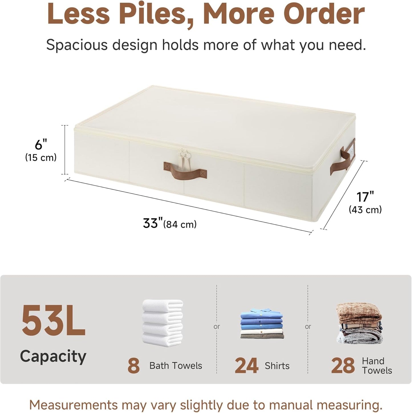 StorageWorks Underbed Storage Containers with Lids, 2-Pack 6" Low Profile Under Bed Organizers for Clothes, Bedding and Sweaters, 53L Large Fabric Storage Bins, Foldable Space Saving, Beige