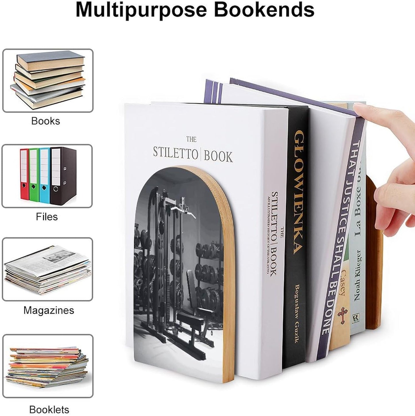 Gym Equipment Bookend for Shelves Wooden Book End Large Size Sturdy Book Holders Stoppers with Metal Base for Bookshelves Slick Decorative Bookends Stands