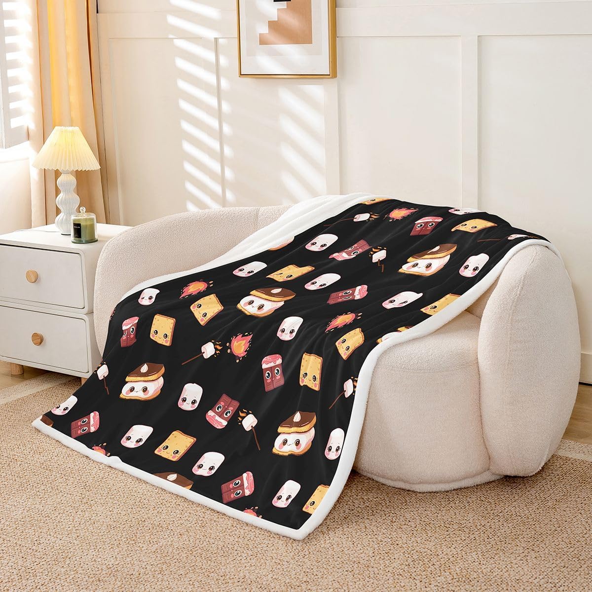 Marshmallow Fleece Throw Blanket 40"x50" Cute S'Mores Plush Blanket for Bed Sofa Couch Boys Cute Cookie Sherpa Blanket Camper Outdoor Adventure Fuzzy Blanket Room Decor