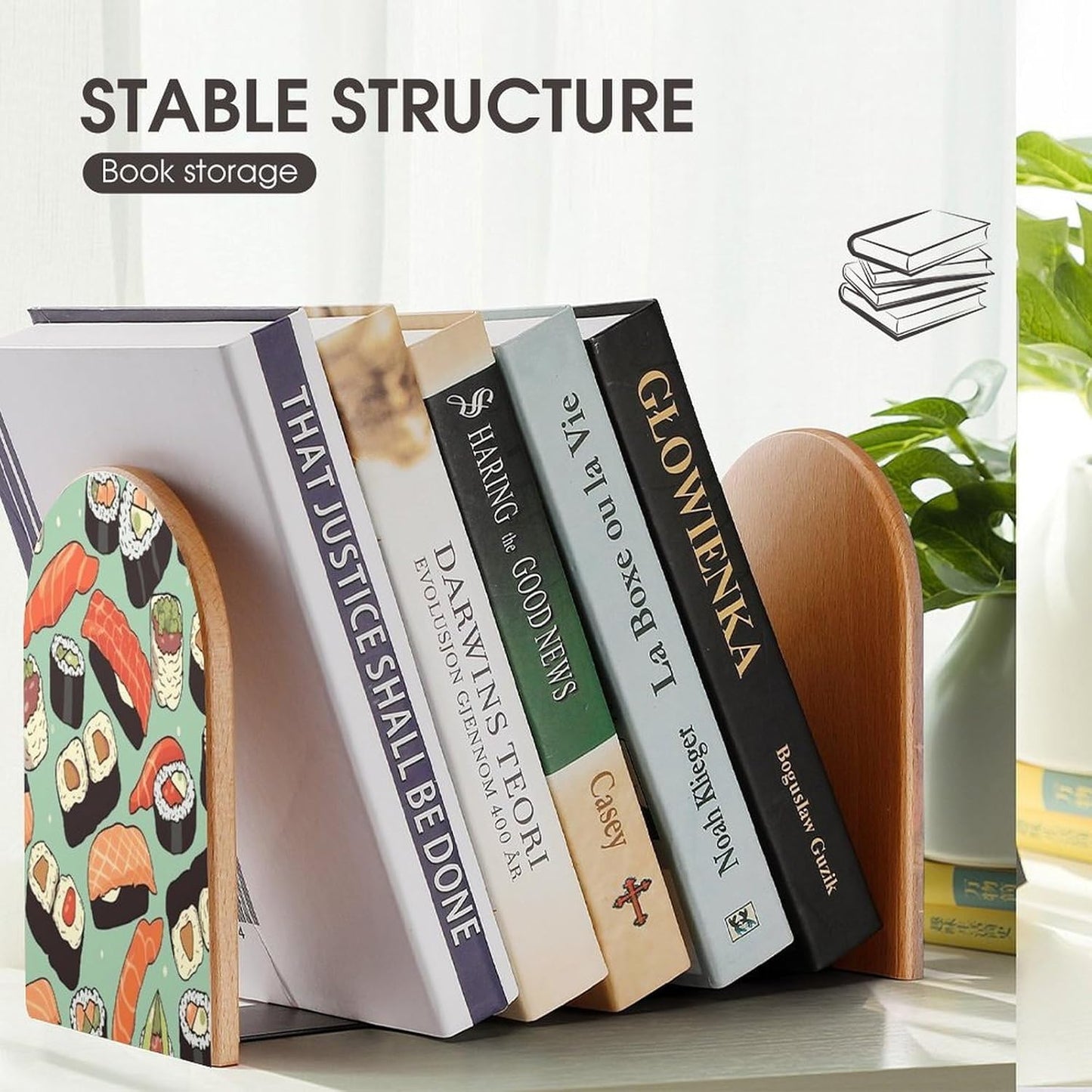 Non-Slip Bookend for Shelves Sushi Food Pattern Wooden Bookends with Metal Base Decorative Book Stopper for Home Heavy Duty Wood Book Storage for Books/CDs