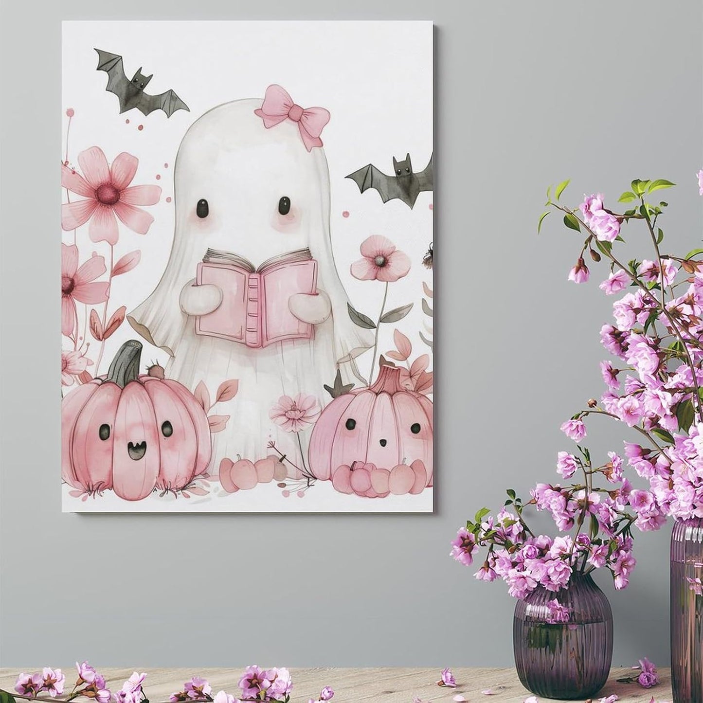 HouLaiZhe Halloween Poster Ghost Reading Pumpkin Canvas Wall Art Prints Halloween Decorations Room Aesthetic Gothic Wall Decor for Living Room Bedroom 18x24inch(45x60cm)