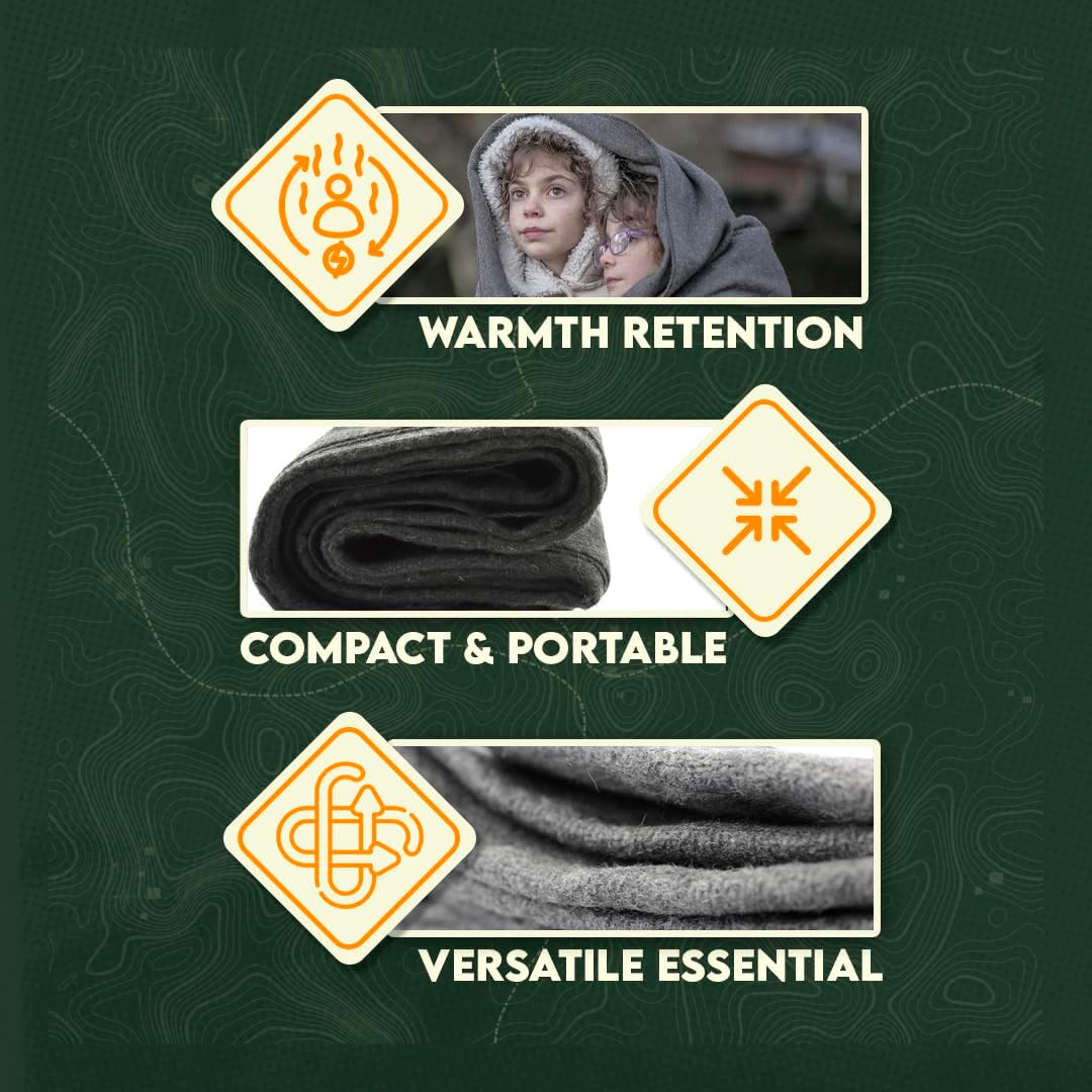 SE 51"x 80" Multipurpose Gray Wool Blanket - 50% Wool, Lightweight 2 lb, Zippered Bag Included - Ideal for Camping, Hiking, Emergency Survival