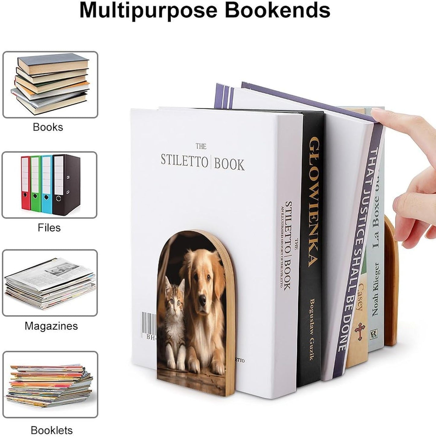 Dog and Cat Bookends 1 Pair Heavy Duty Book Ends for Shelves Non-Skid Bookend Supports Wooden Book Holders with Metal Base Desk Organizers Books Storage to Hold Books