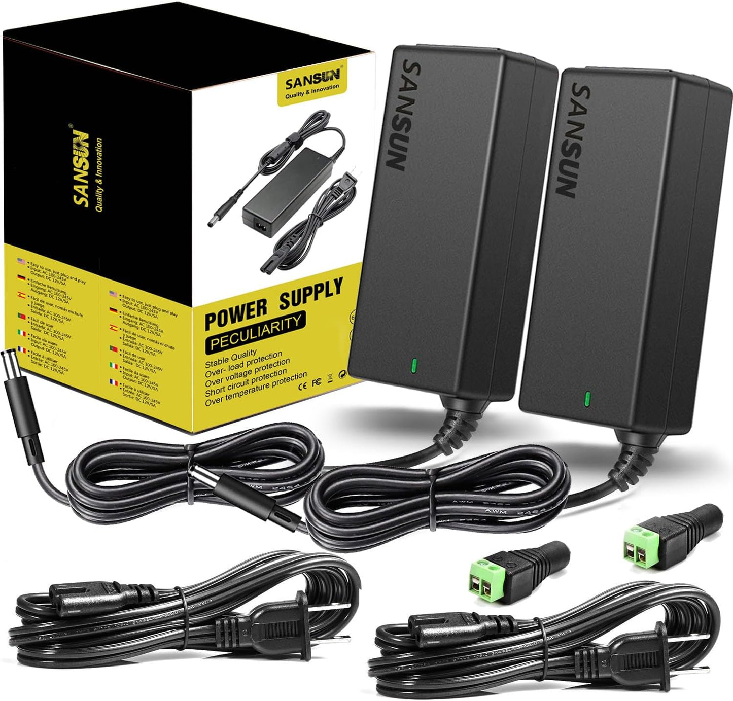 12V 5A Power Supply, AC 120V to DC12V 5.5x2.1mm Jack Converter, 12 Volt LED Driver 60W Adapter Transformer for Strip Lights, Surveillance Cameras, External HDD, Monitor, CCTV (Pack of 2)