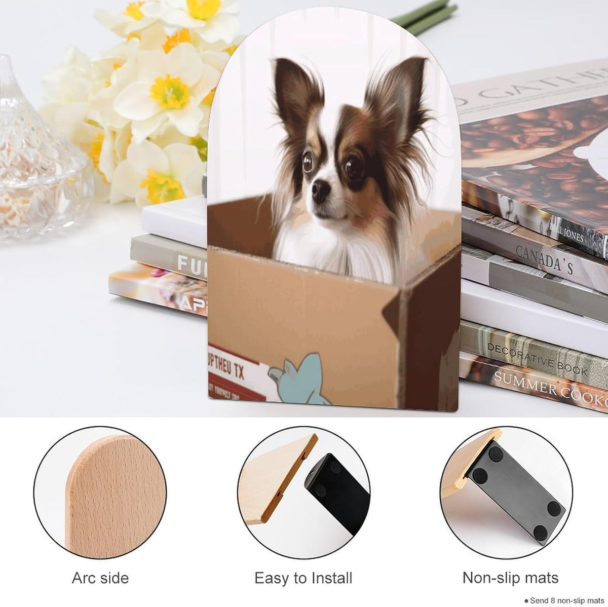 Non-Slip Bookend for Shelves Papillon in The Box Wooden Bookends with Metal Base Decorative Book Stopper for Home Heavy Duty Wood Book Storage for Books/CDs