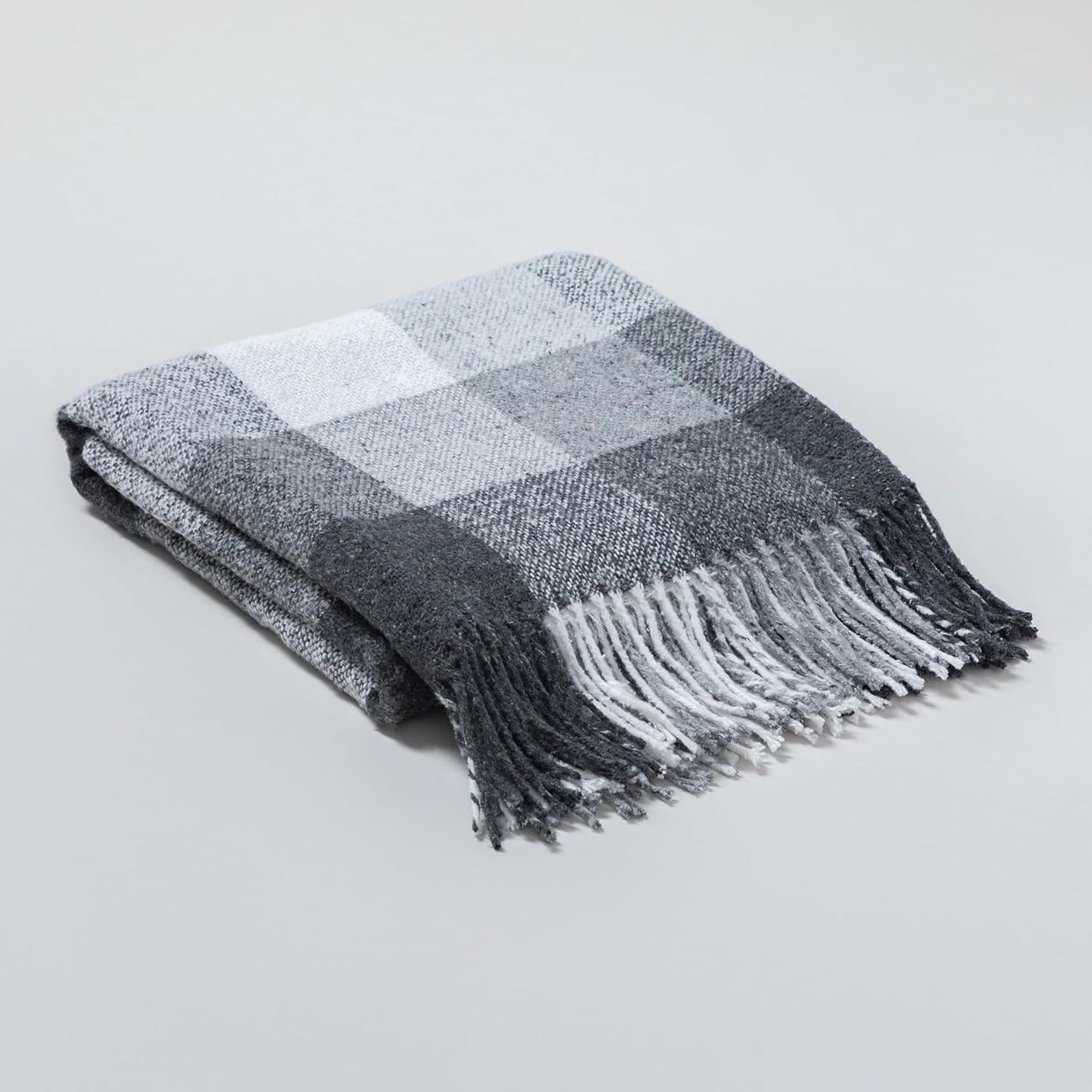 Ukrainian Wool Fringed Throw Blanket Soft Cozy Warm Lightweight Plaid Design 55 x 78 Elegant Home Decor Made in Ukraine (Gray & White)