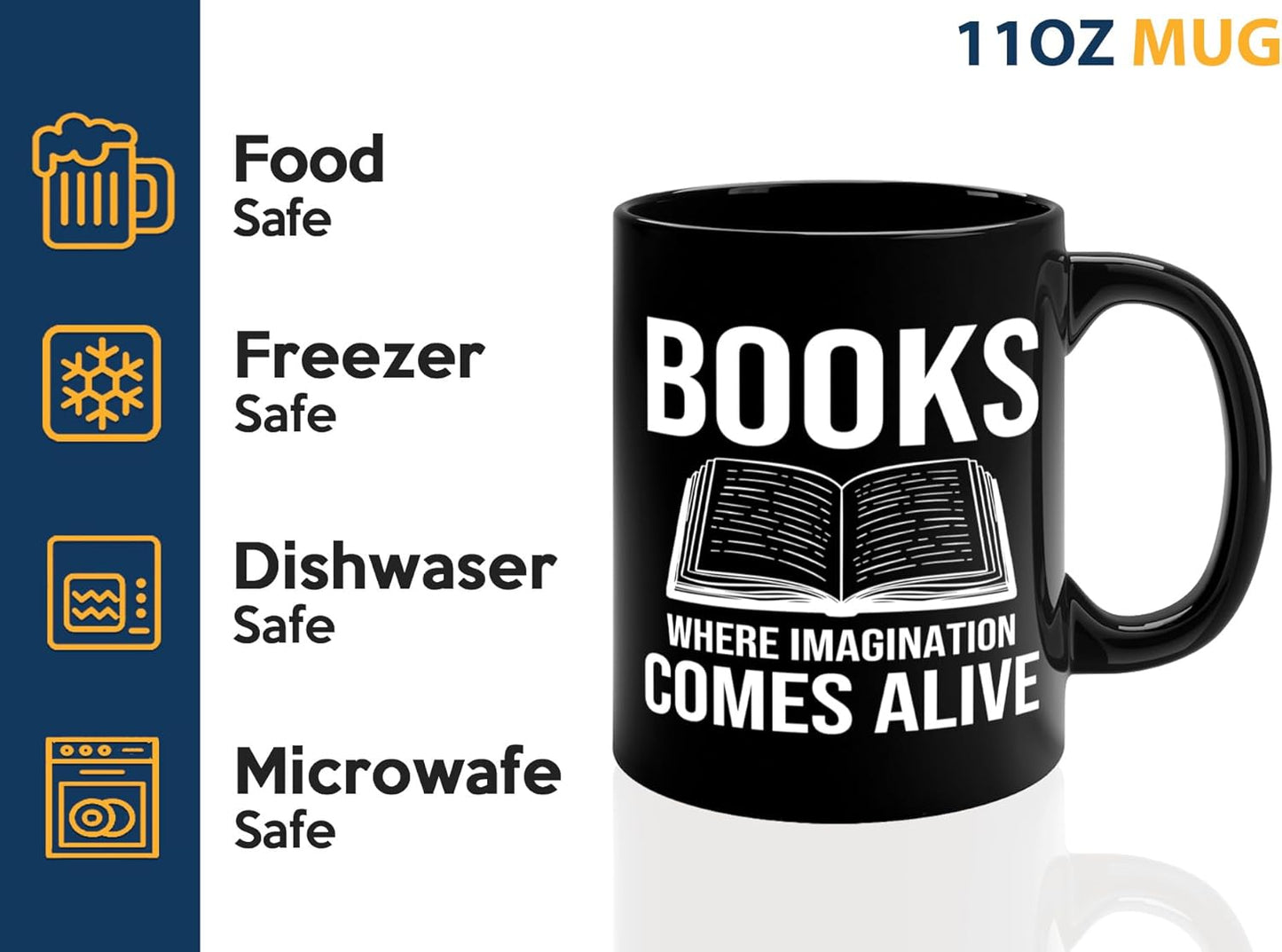 Book Lover Coffee Mug 11oz Black -Books Where Imagination - Bookworm Literature Library Book Lover Reader Booked Editor Intellectual Studious